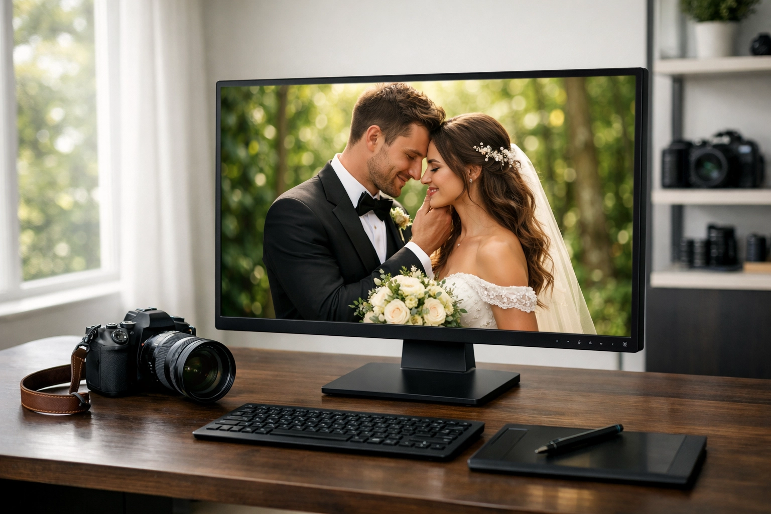 High-resolution wedding photography portfolio displayed in a professional studio, showcasing best photography locations.