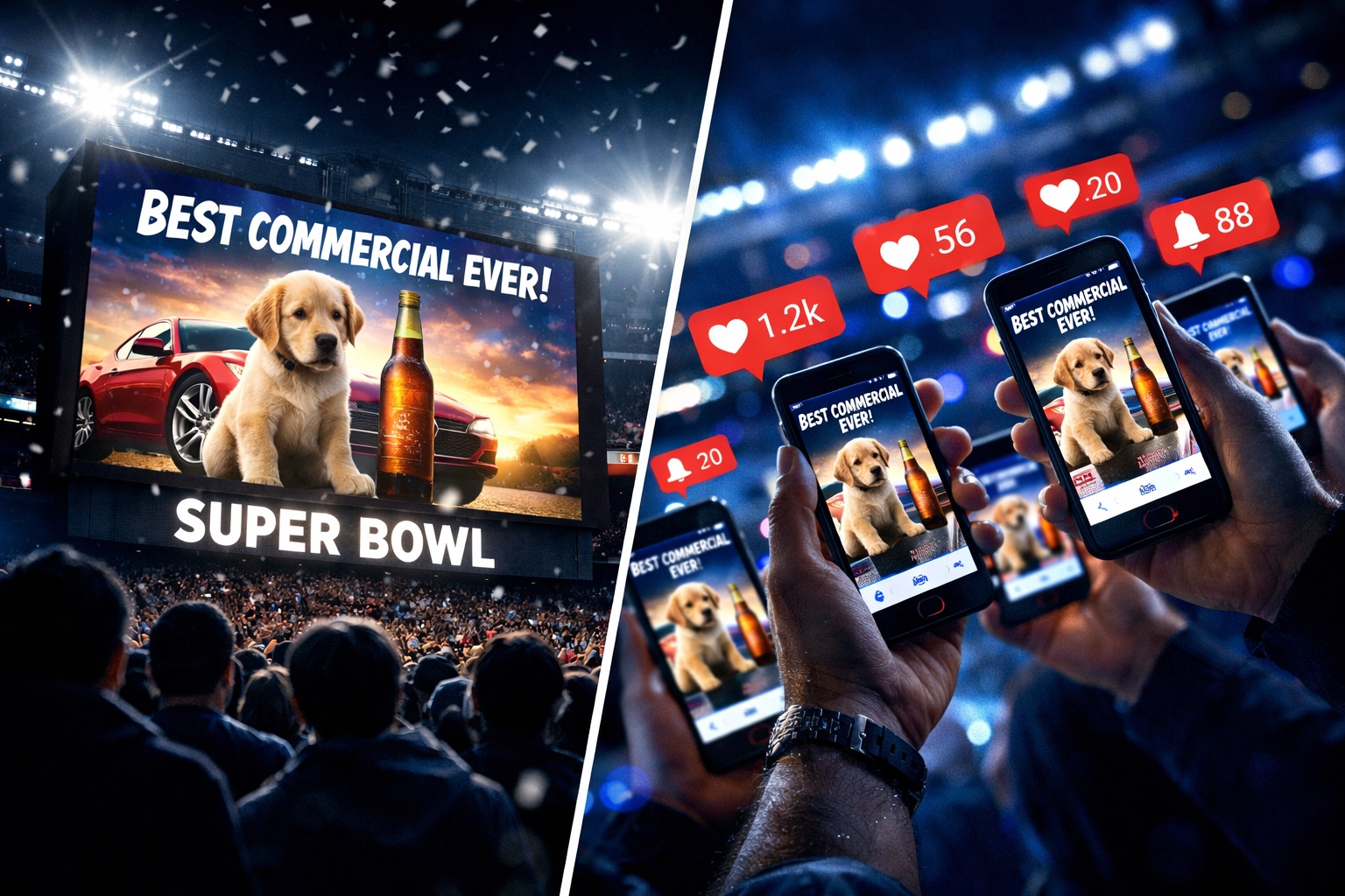 Super Bowl commercial amplified across stadium screen and social media platforms simultaneously