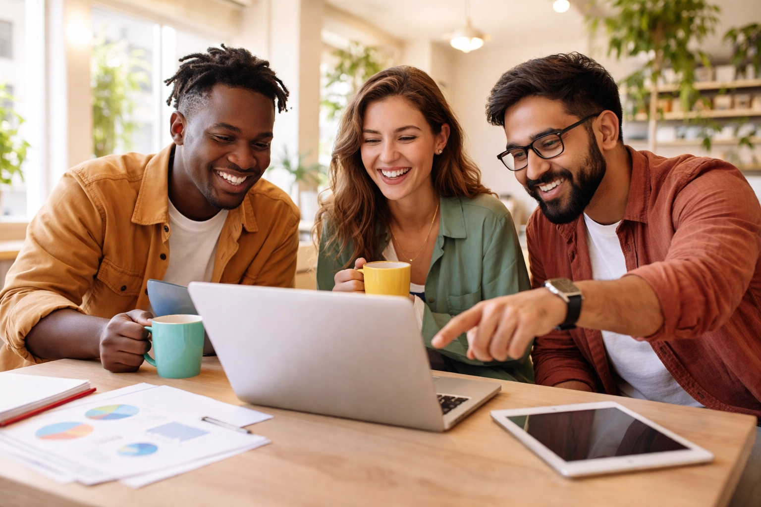 Diverse group of UK founders collaborating on seed funding strategies at a bright café meeting