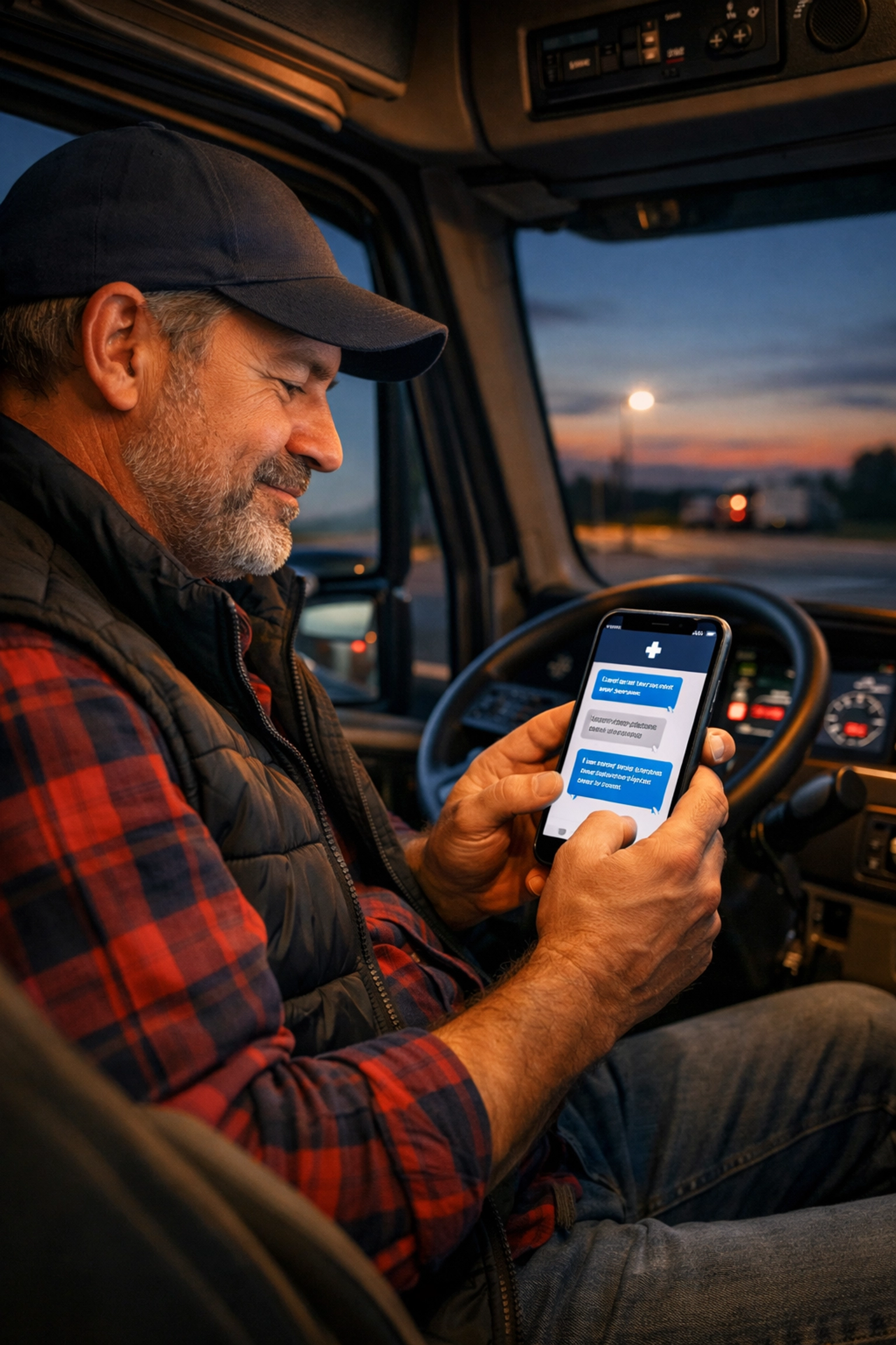 Truck driver using secure messaging on a smartphone for a 24/7 online medical chat from his truck cabin.