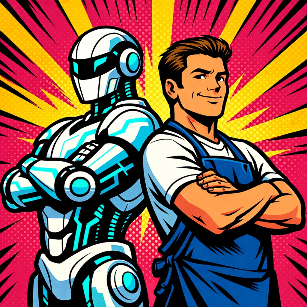 A small business owner and a helpful AI assistant standing in a superhero pose to represent business scaling.