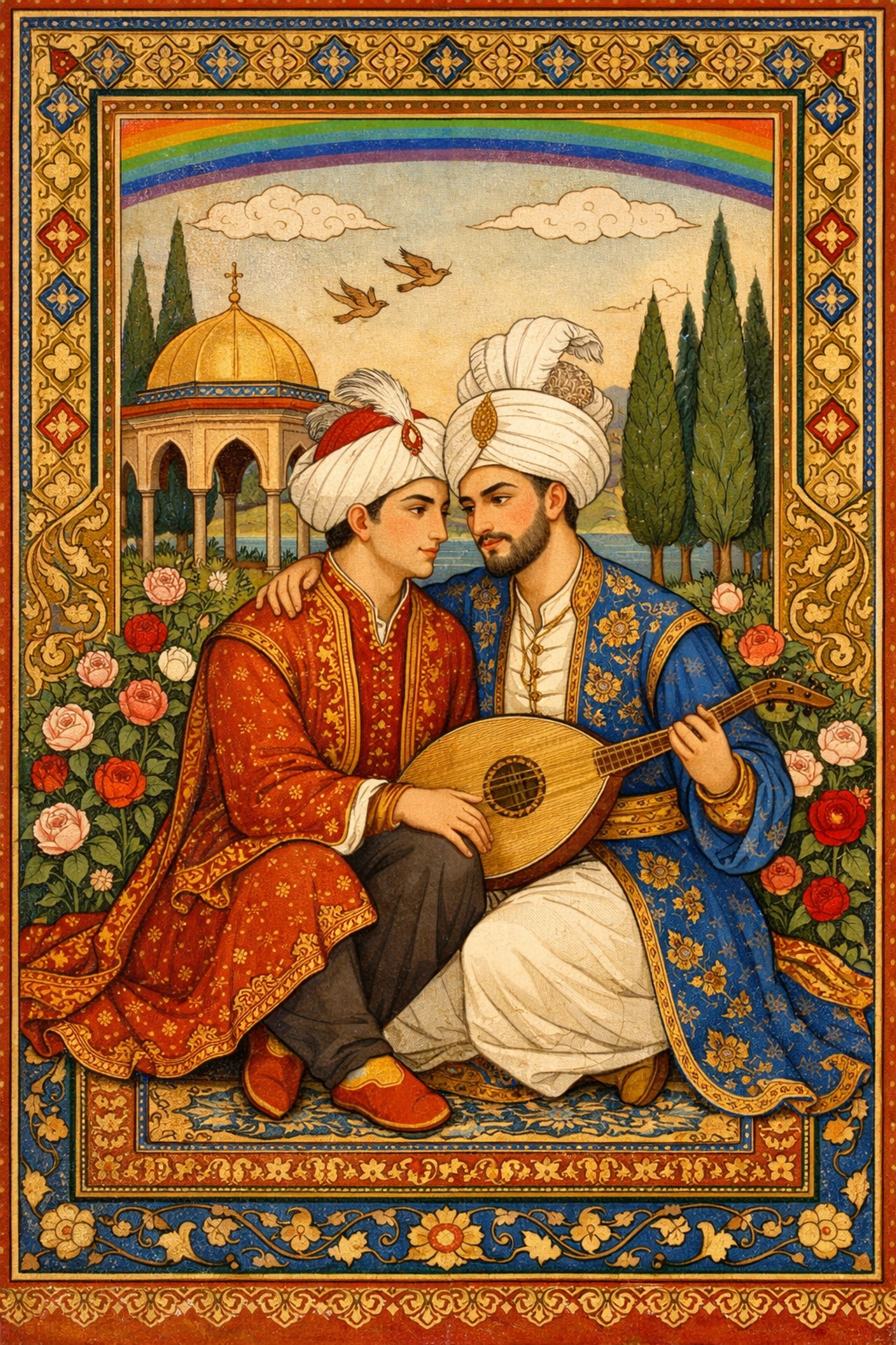 Two male companions in Ottoman court attire showing affection in palace garden setting