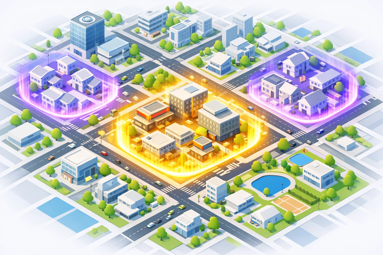 Stylized city map showing high-precision geo-targeting for local SEO and Google Ads campaigns.