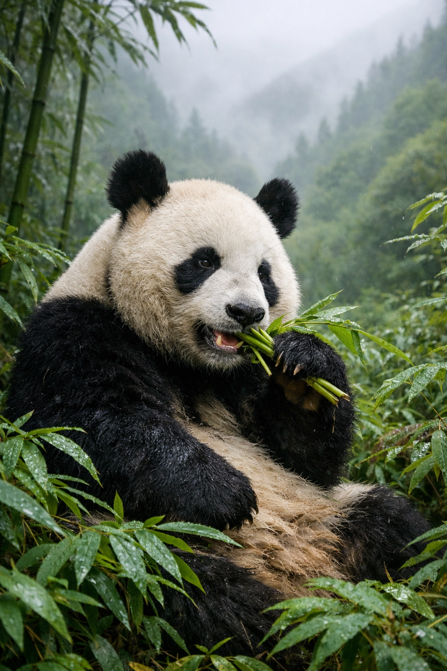 A giant panda eating bamboo in a misty forest, highlighting conservation success stories and wildlife media.