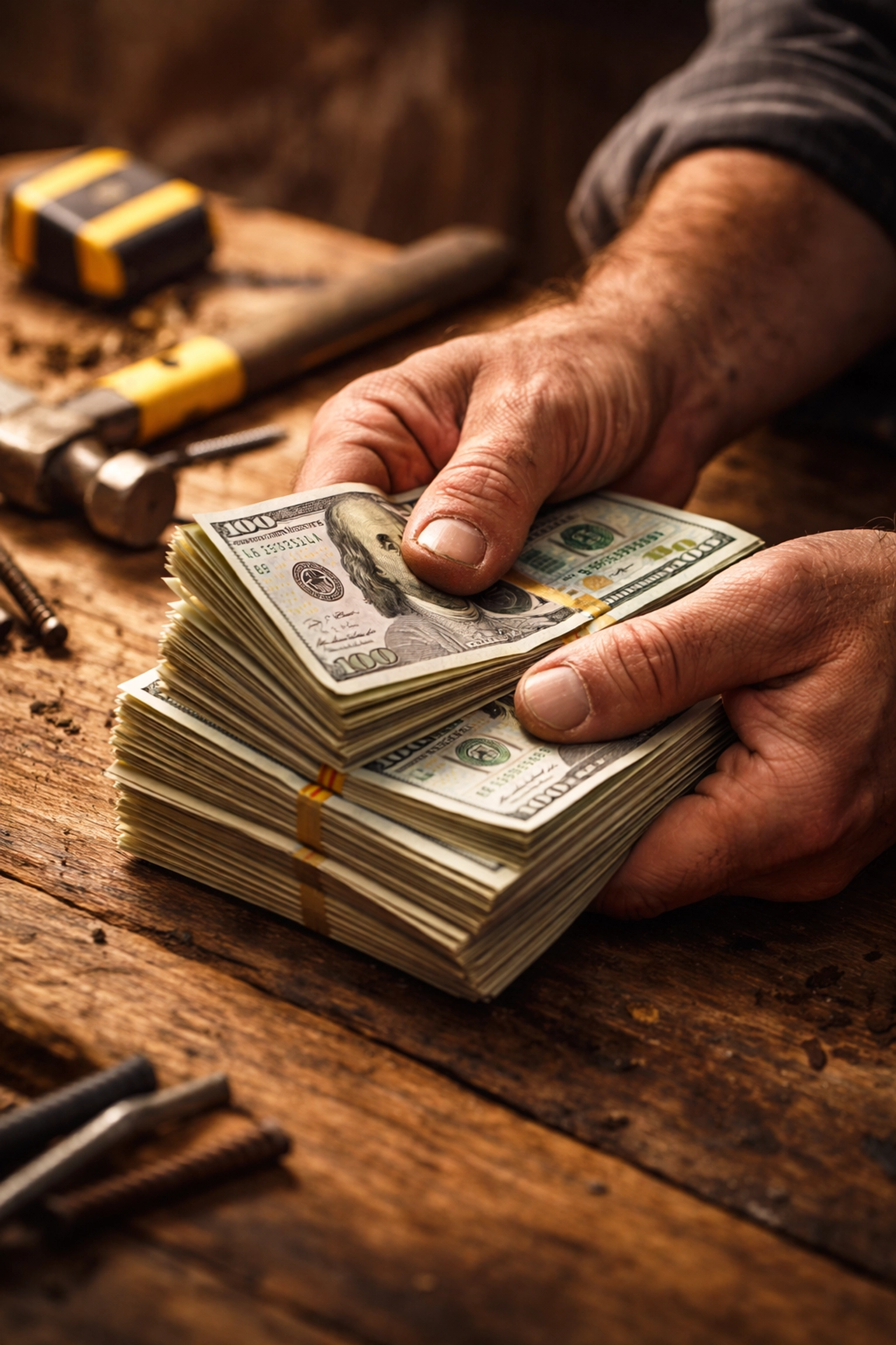 Contractor counting cash deposit on workbench with renovation tools, highlighting payment schedule red flag