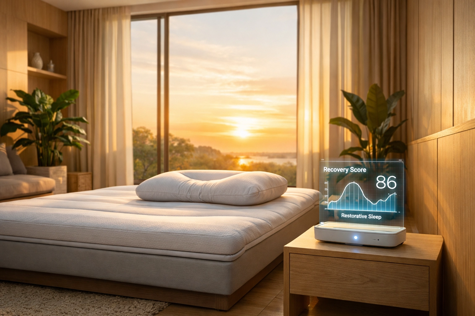 Integrated smart wellness bedroom featuring a smart bed and AI pillow for sleep optimization.
