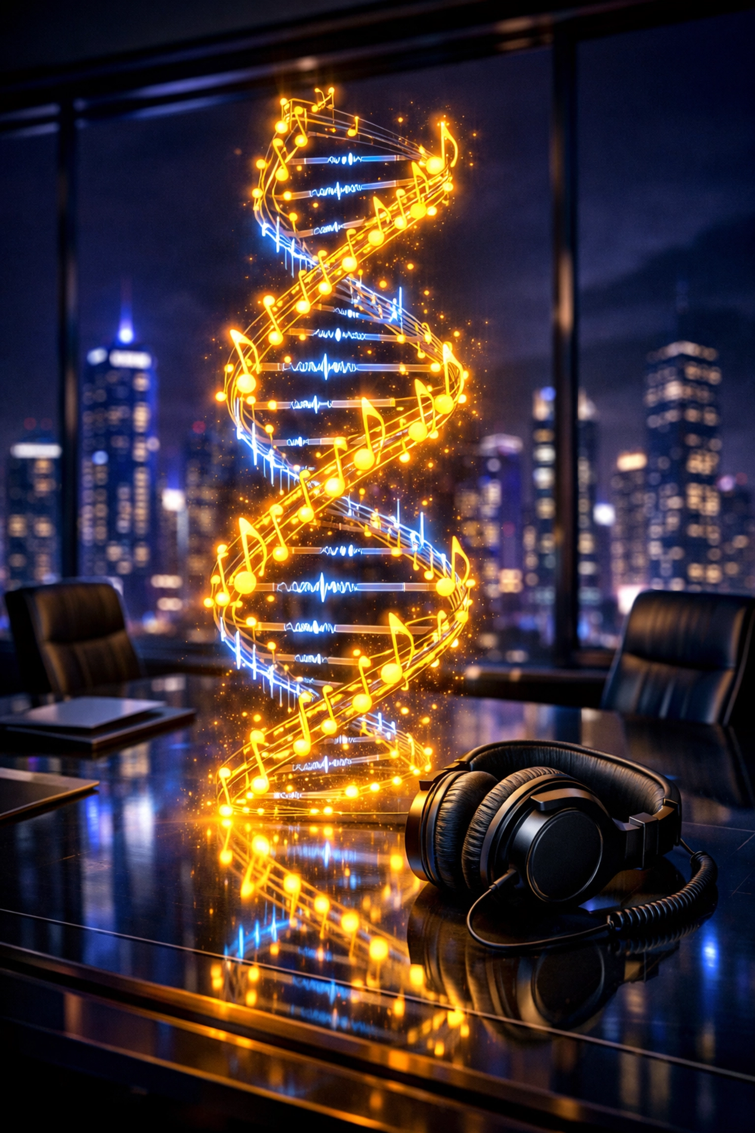 Holographic DNA strand of music notes symbolizing the complex legal copyright of music interpolation.