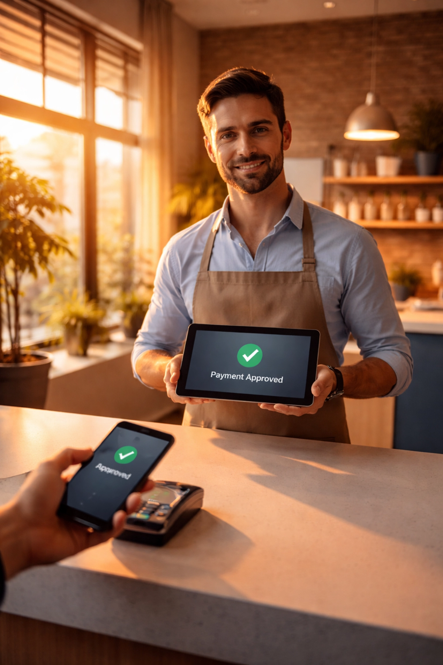 Small business owner accepting a Web3 payment from a customer using a smartphone, showcasing contactless crypto POS solutions.