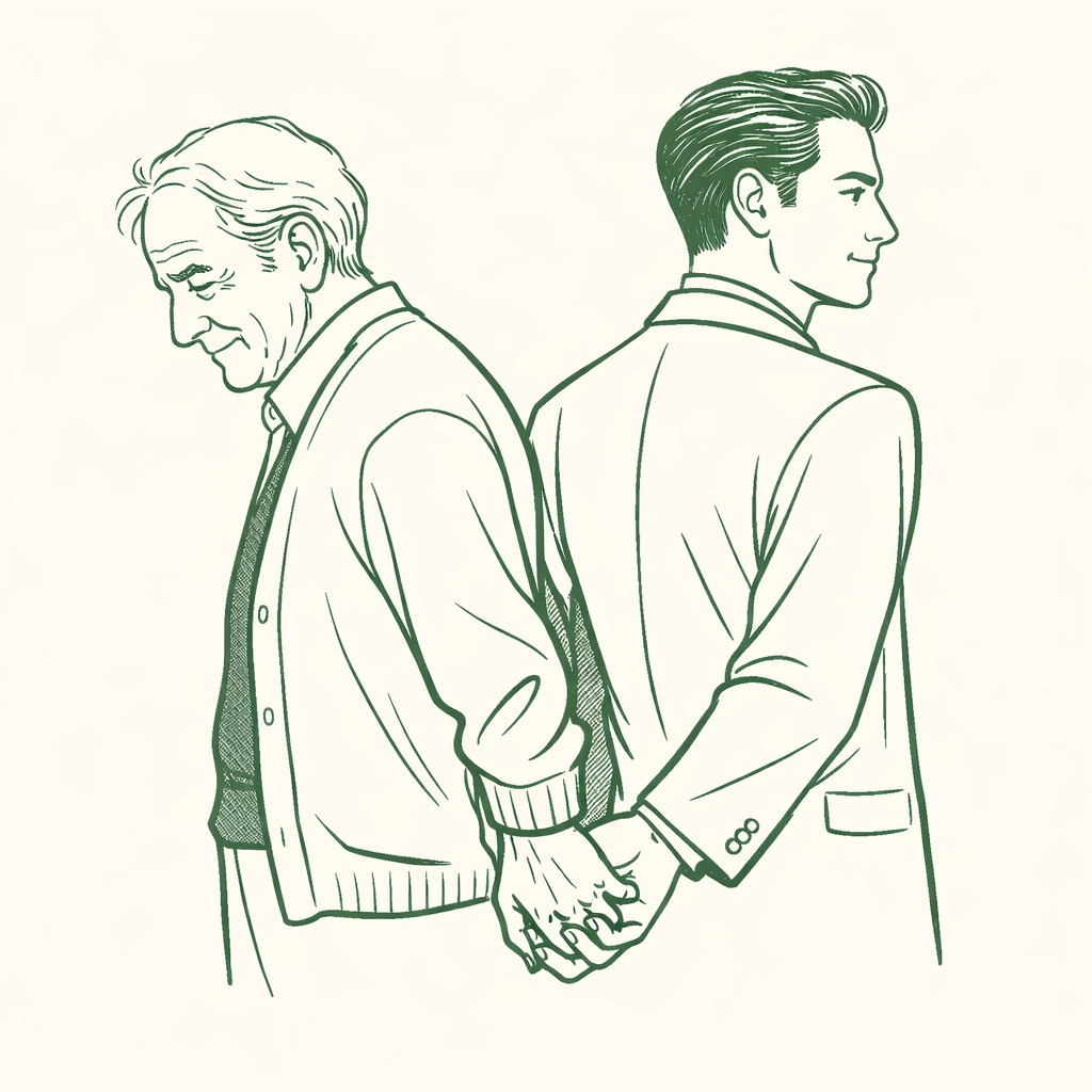 Minimalist illustration of an older man reflecting on his past self and a hidden gay love story.