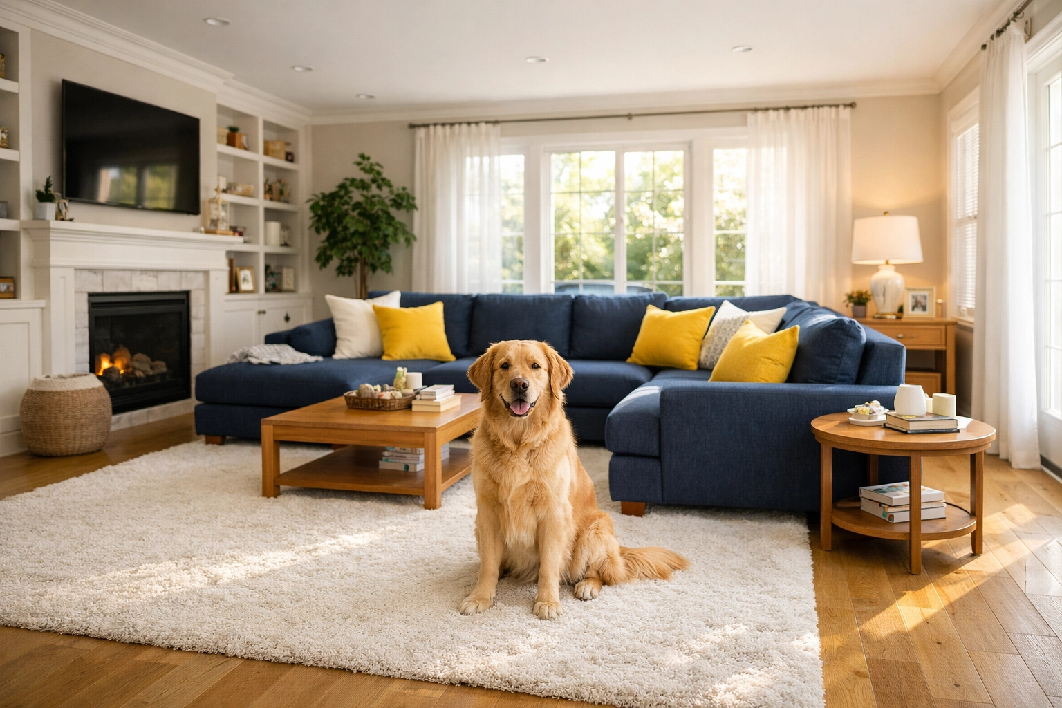 Clean, clutter-free Lunenburg living room with a dog, showcasing pet-friendly professional house cleaning.