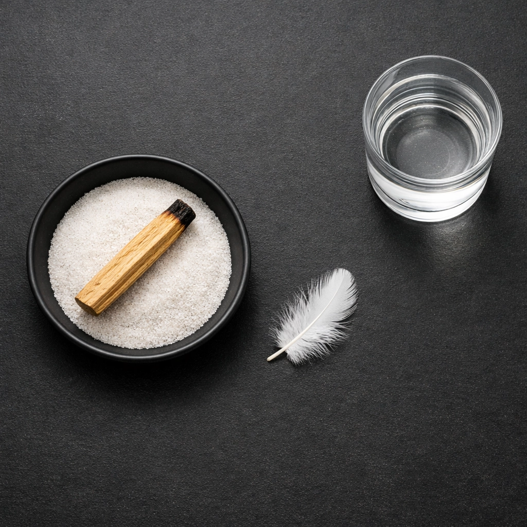 Palo santo smudging essentials including stick in fireproof ceramic dish with sand