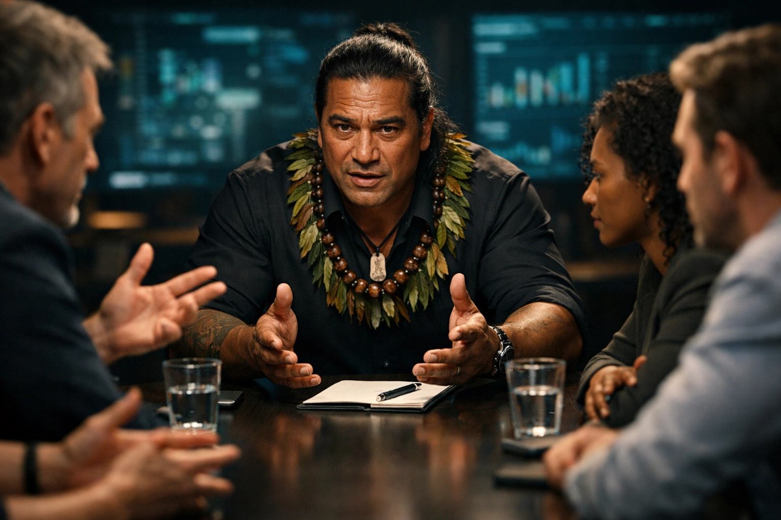 Polynesian leader facilitating a deep team discussion, highlighting human-centric leadership in the age of AI.