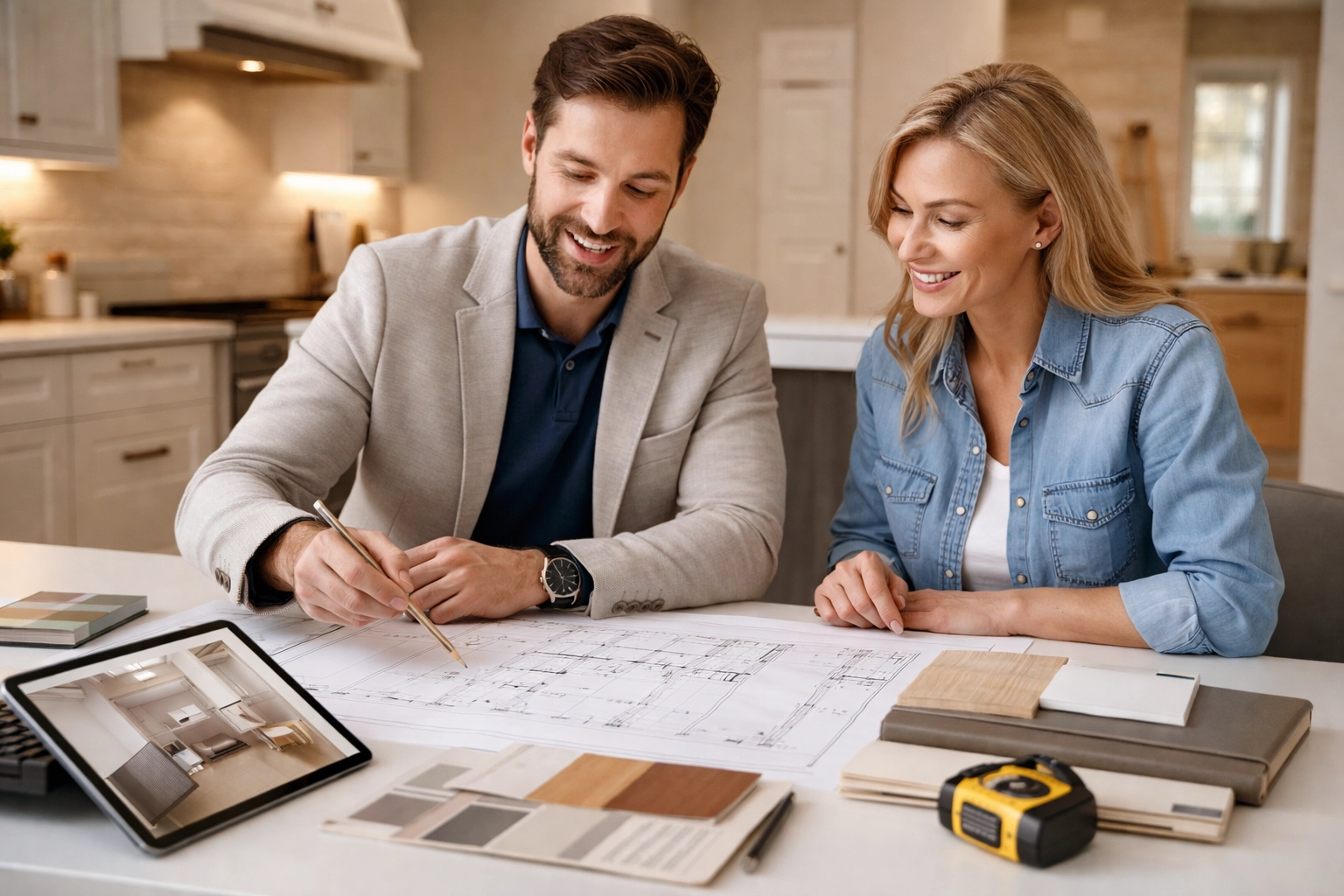 Kitchen designer and homeowner in Orlando reviewing remodeling blueprints and material samples together.