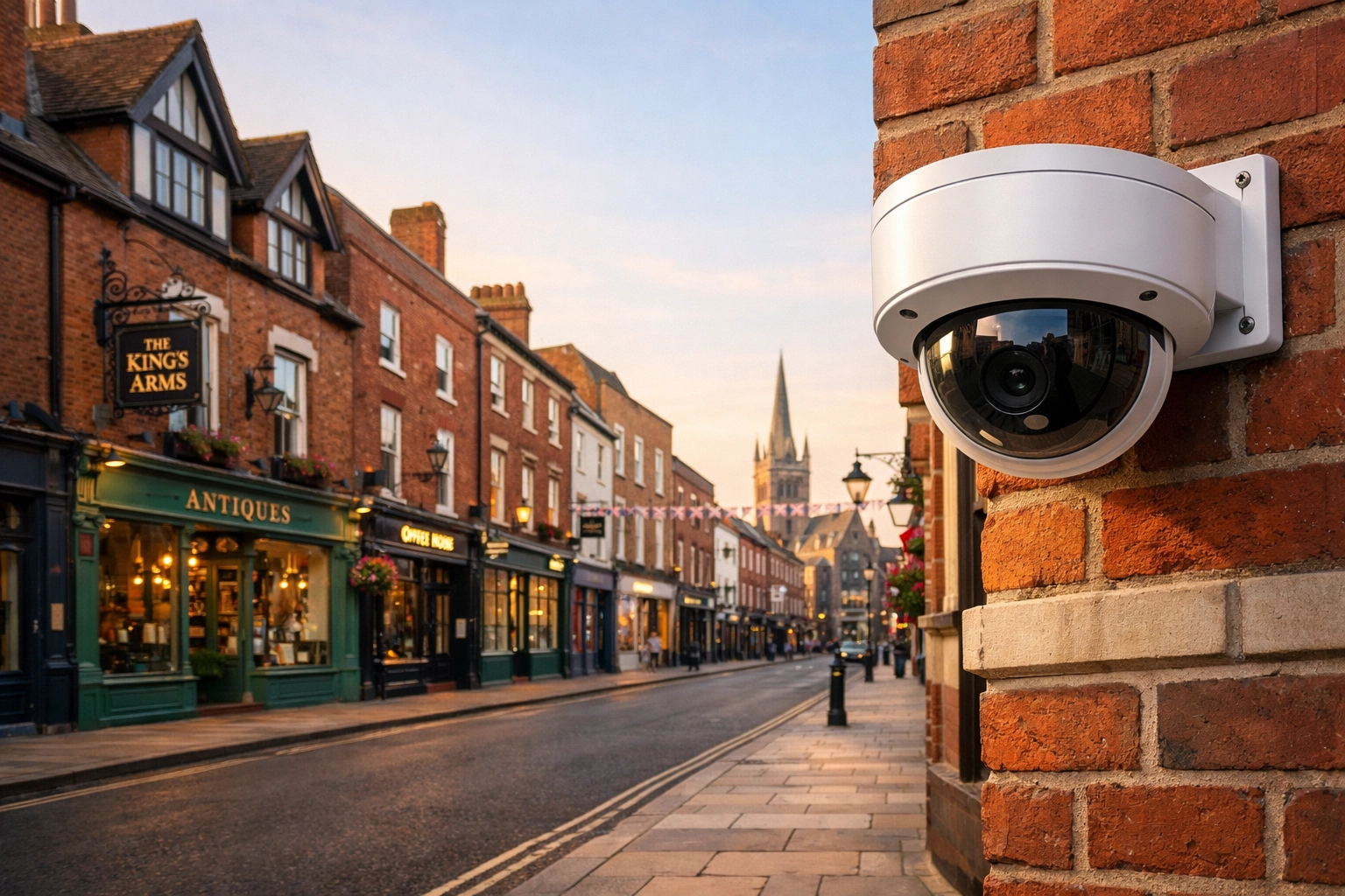 Discreet commercial CCTV camera installation on a historic Worcester red-brick high street building.