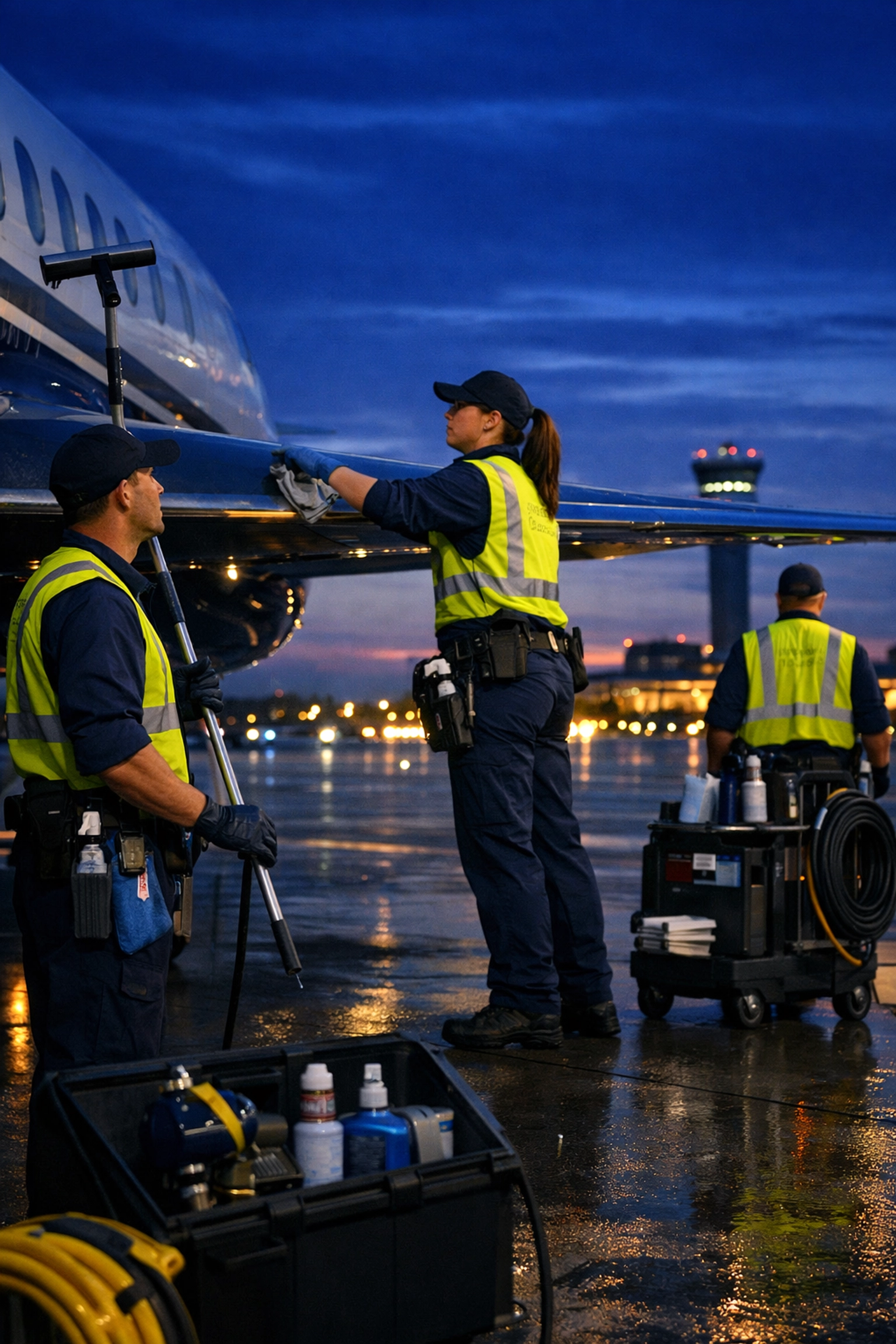 Professional cleaning technicians following safety protocols at a Westfield airport flight line.