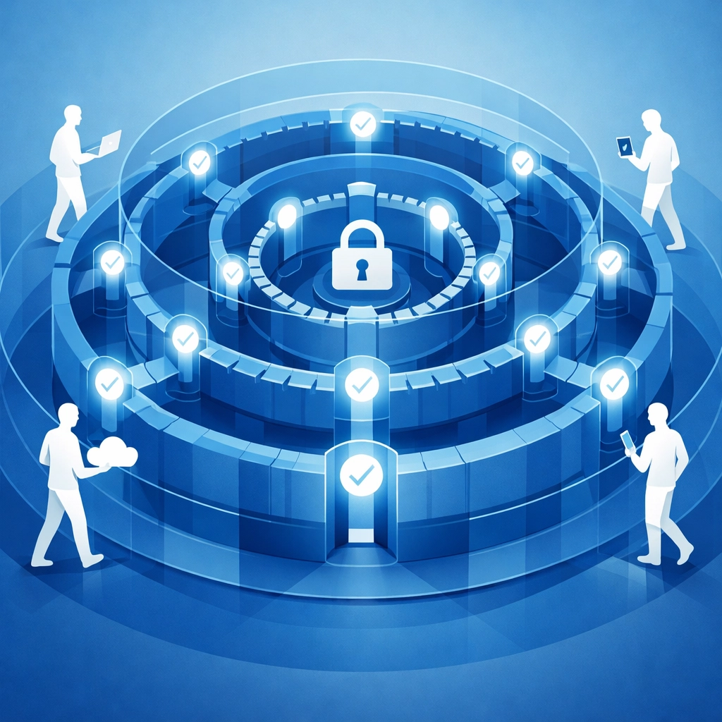 Zero Trust security architecture with multi-layer authentication and continuous verification checkpoints