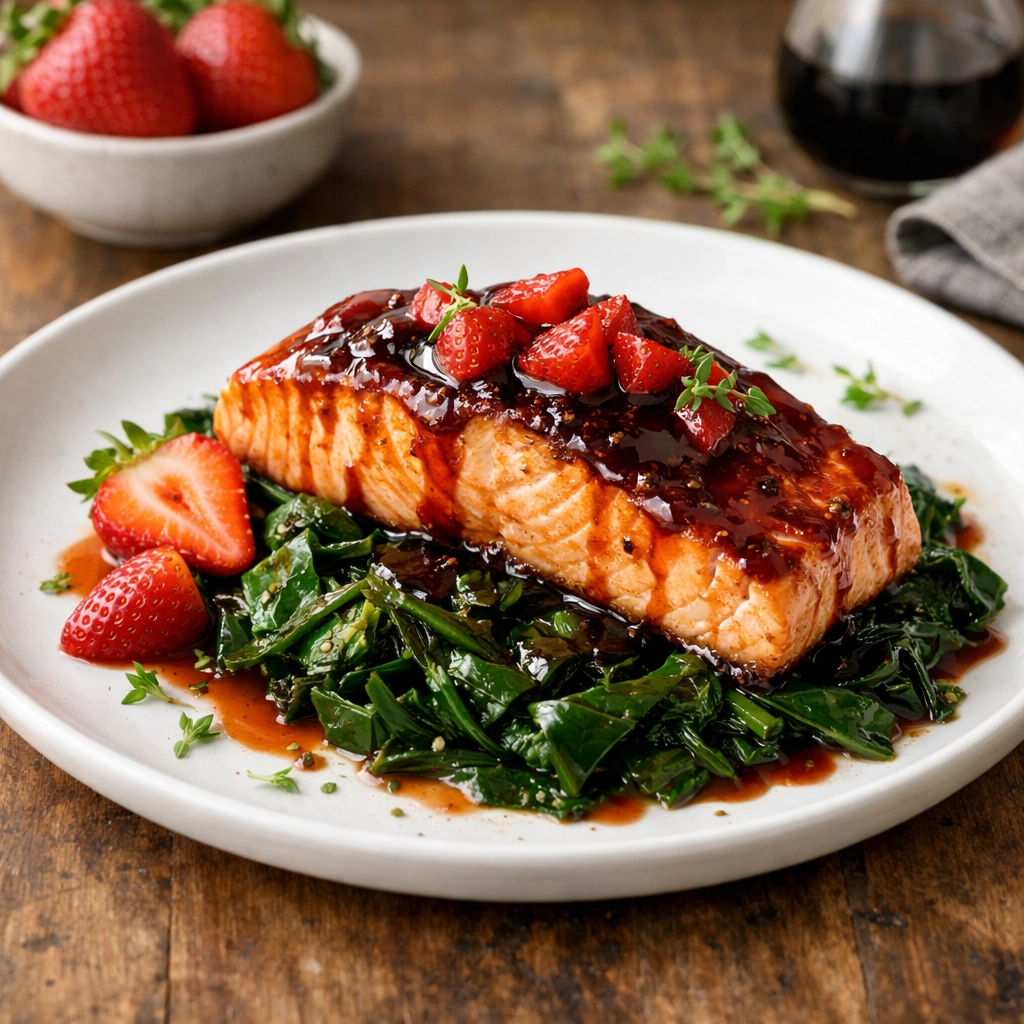 Pan-seared salmon with strawberry-balsamic glaze over braised collard greens