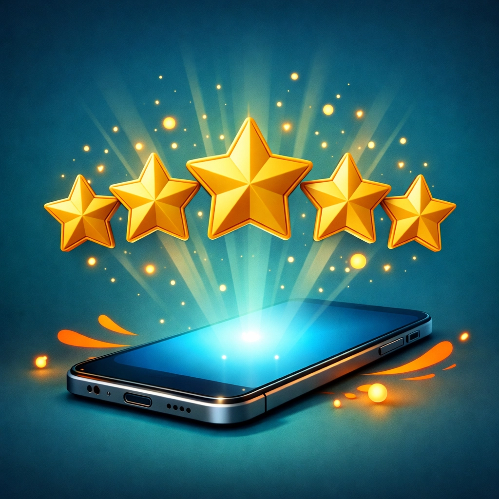 Pět zlatých hvězdiček nad mobilem symbolizující pozitivní Google recenze a hodnocení
