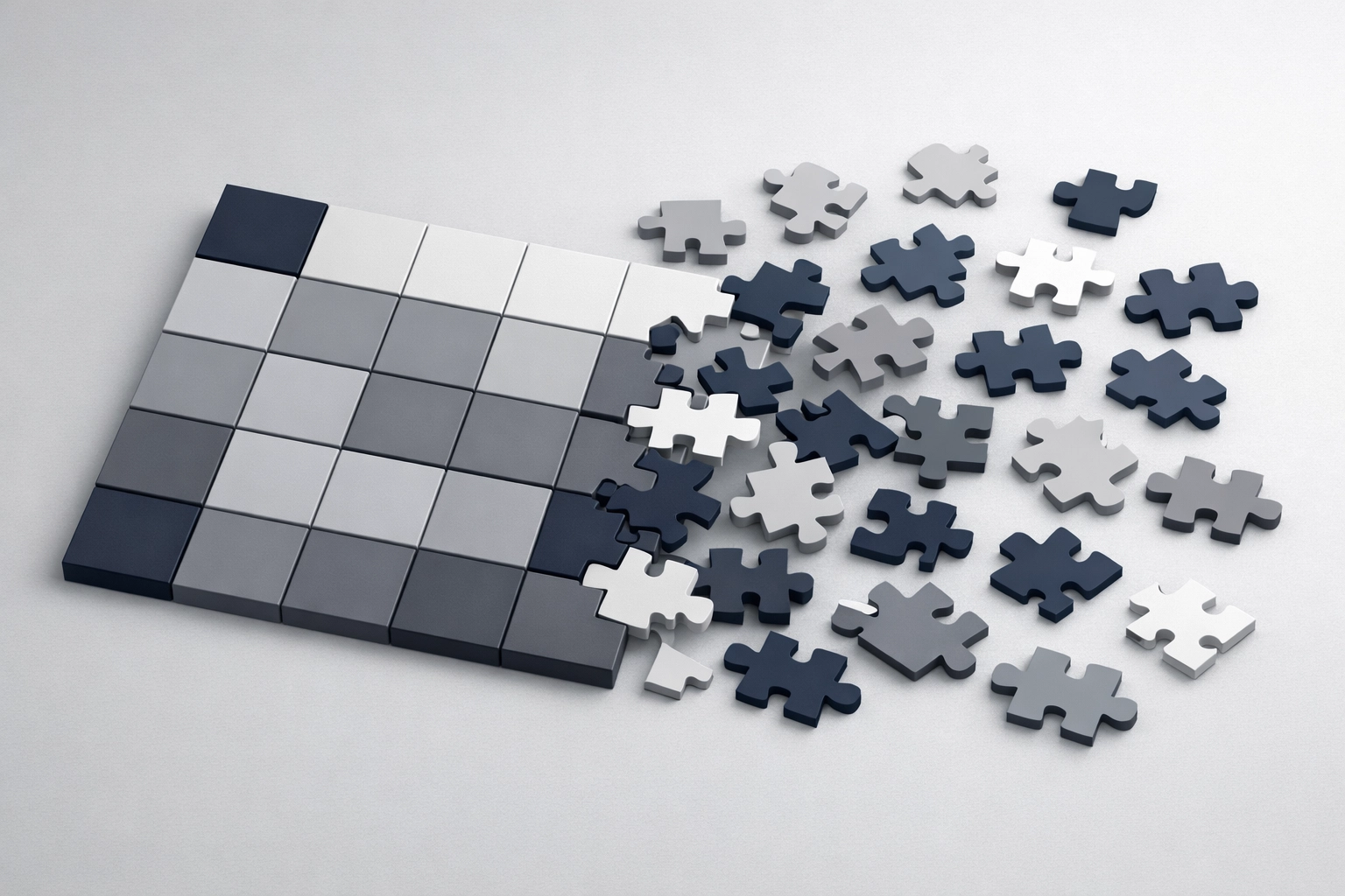 Calendar breaking into puzzle pieces illustrating project management complexity beyond simple dispatch work