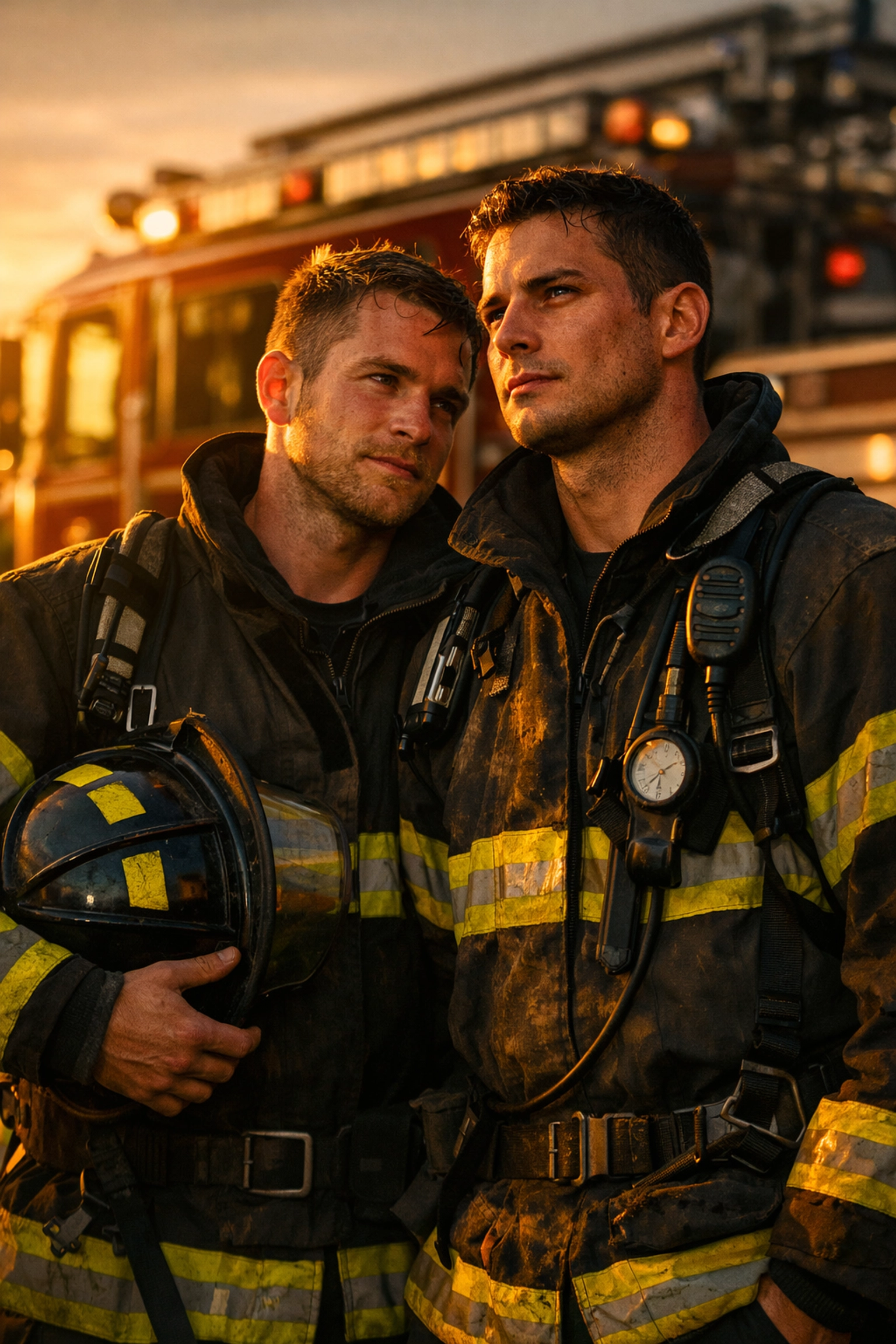 Two gay firefighters in uniform showing the emotional weight and exhaustion of first responding