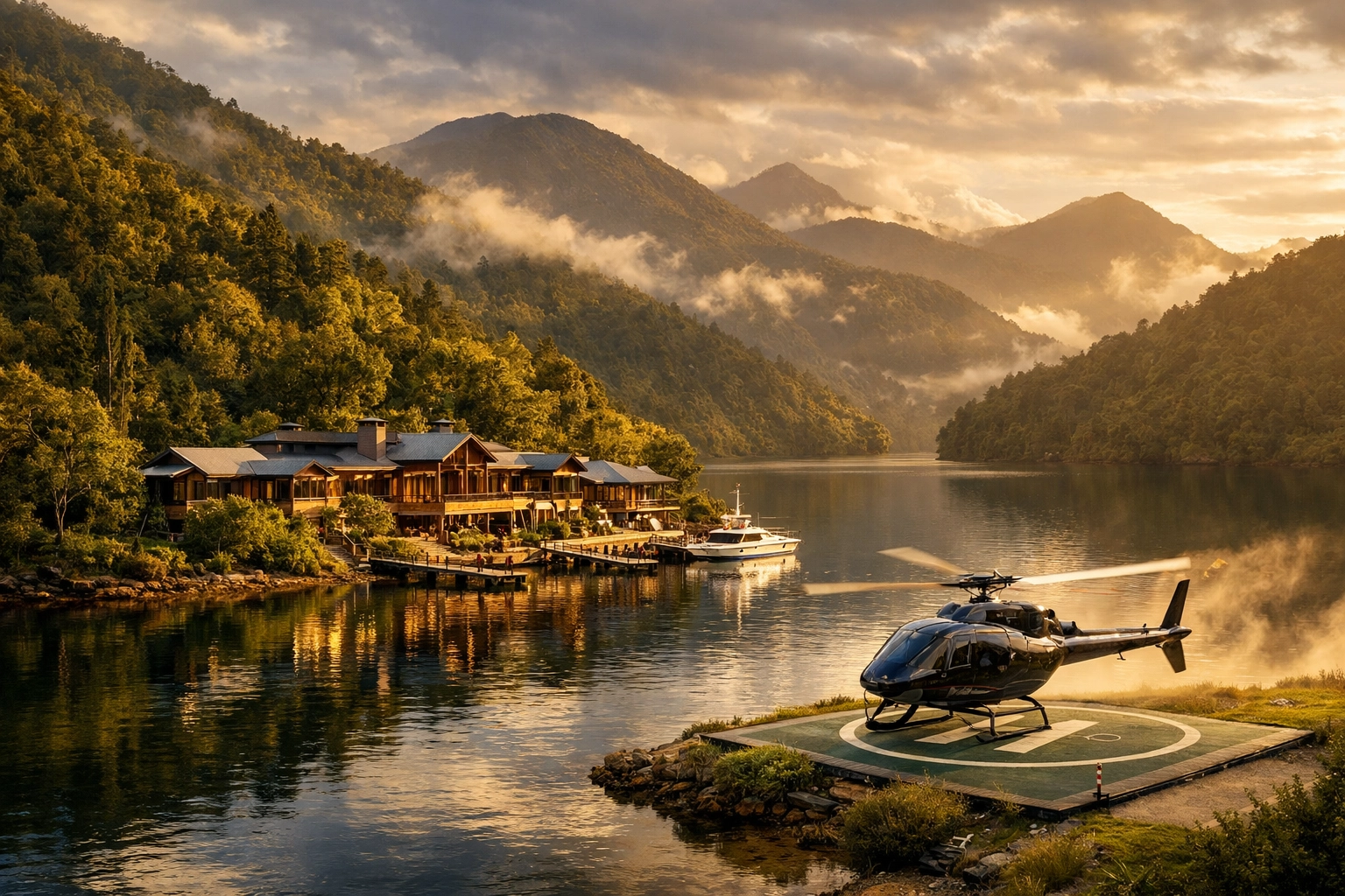 Helicopter landing at remote Furneaux Lodge on waterfront in New Zealand's Marlborough Sounds