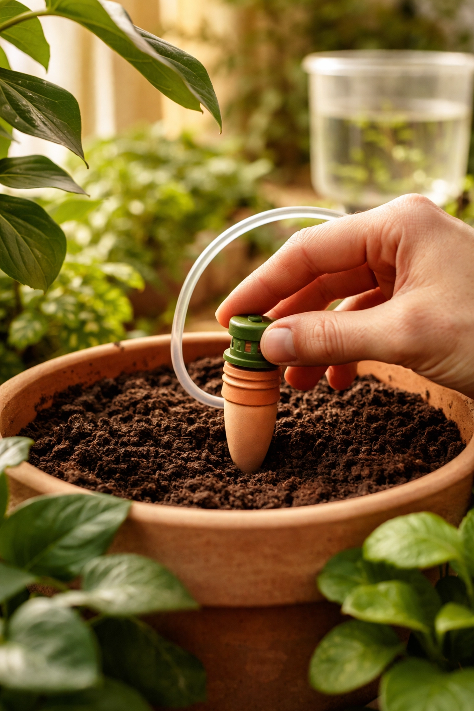 Hand adjusting a Blumat watering stake in soil next to a reservoir, showing fine-tuning of automatic irrigation.