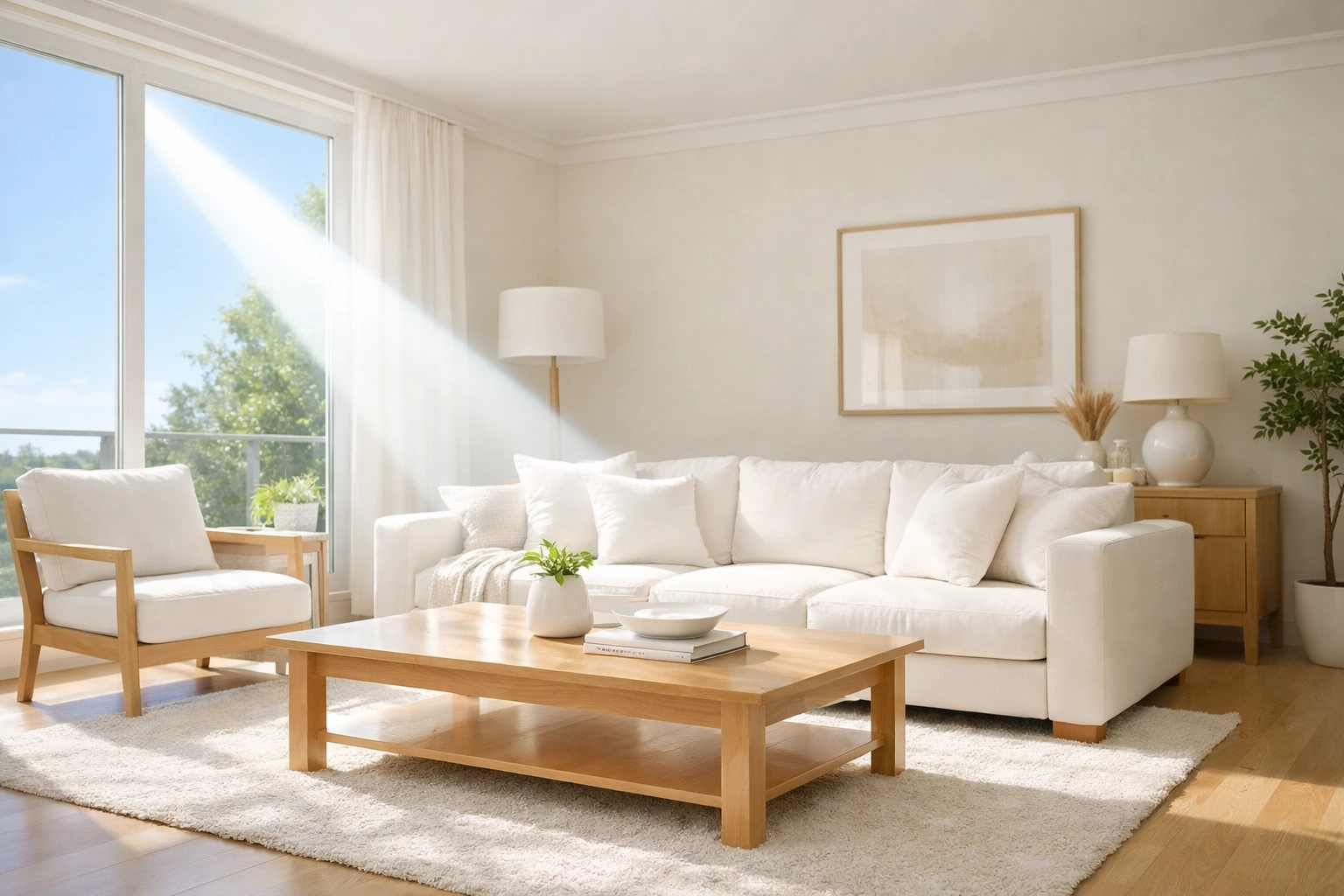 Sunlit modern living room with clean air and dust-free surfaces from weekly house cleaning.