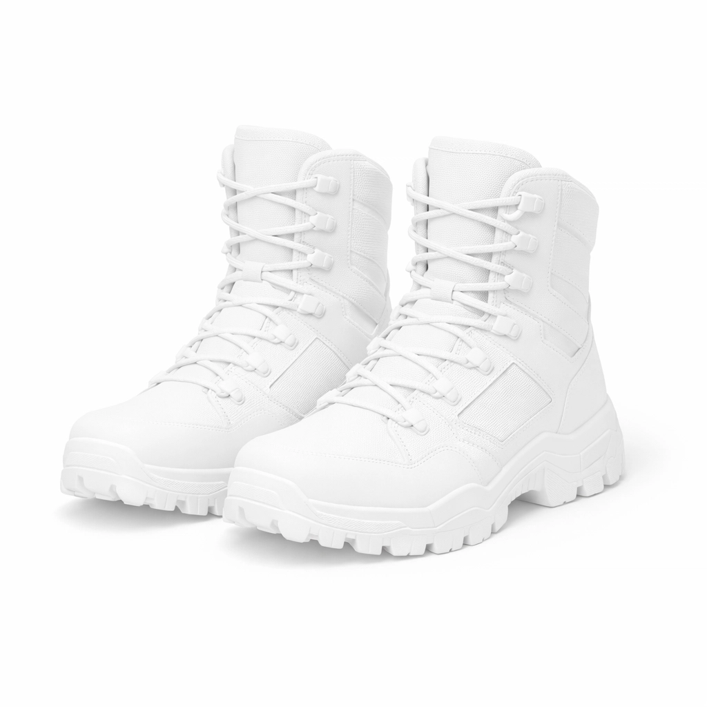 Pure white tactical operator boots symbolizing discipline and extreme ownership in performance gear.