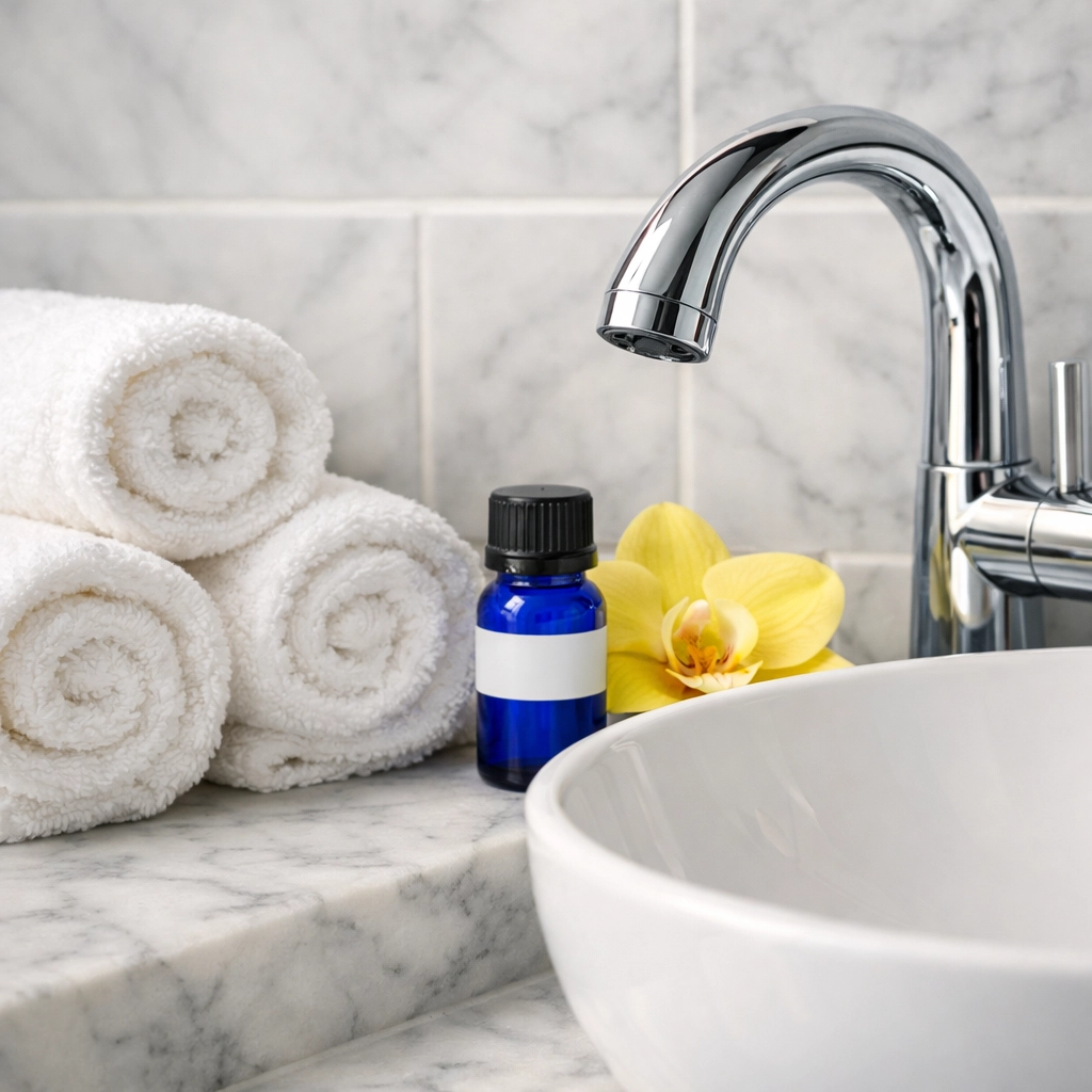 Detailed view of a luxury marble bathroom following a deep residential cleaning in Massachusetts.