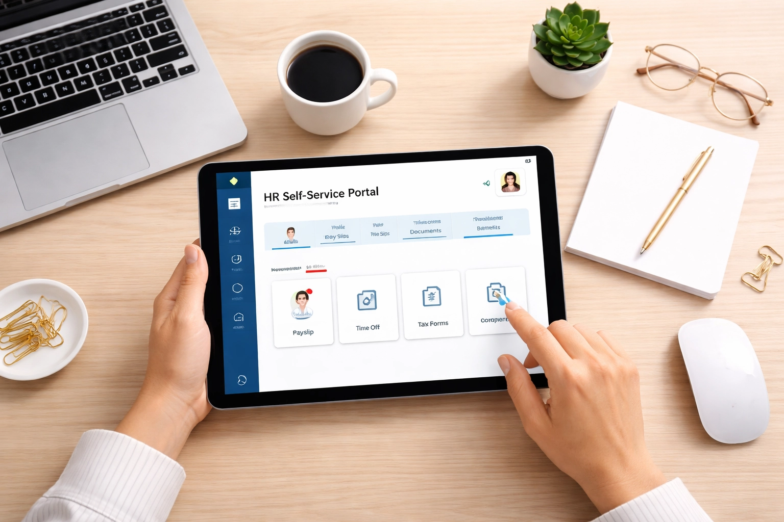 Modern workspace with tablet accessing self-service HR portal, showcasing ServiceNow HRSD Alumni Center efficiency.