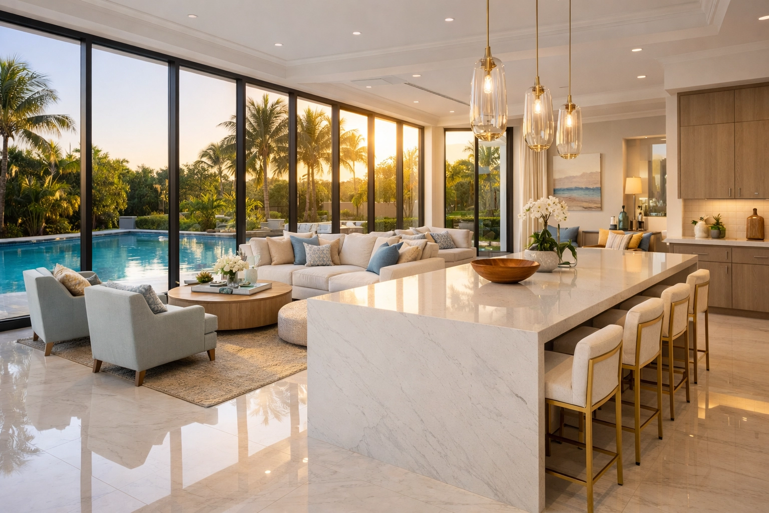 Luxury Boca Raton home interior showing a high-end kitchen and designer furniture requiring flood insurance.