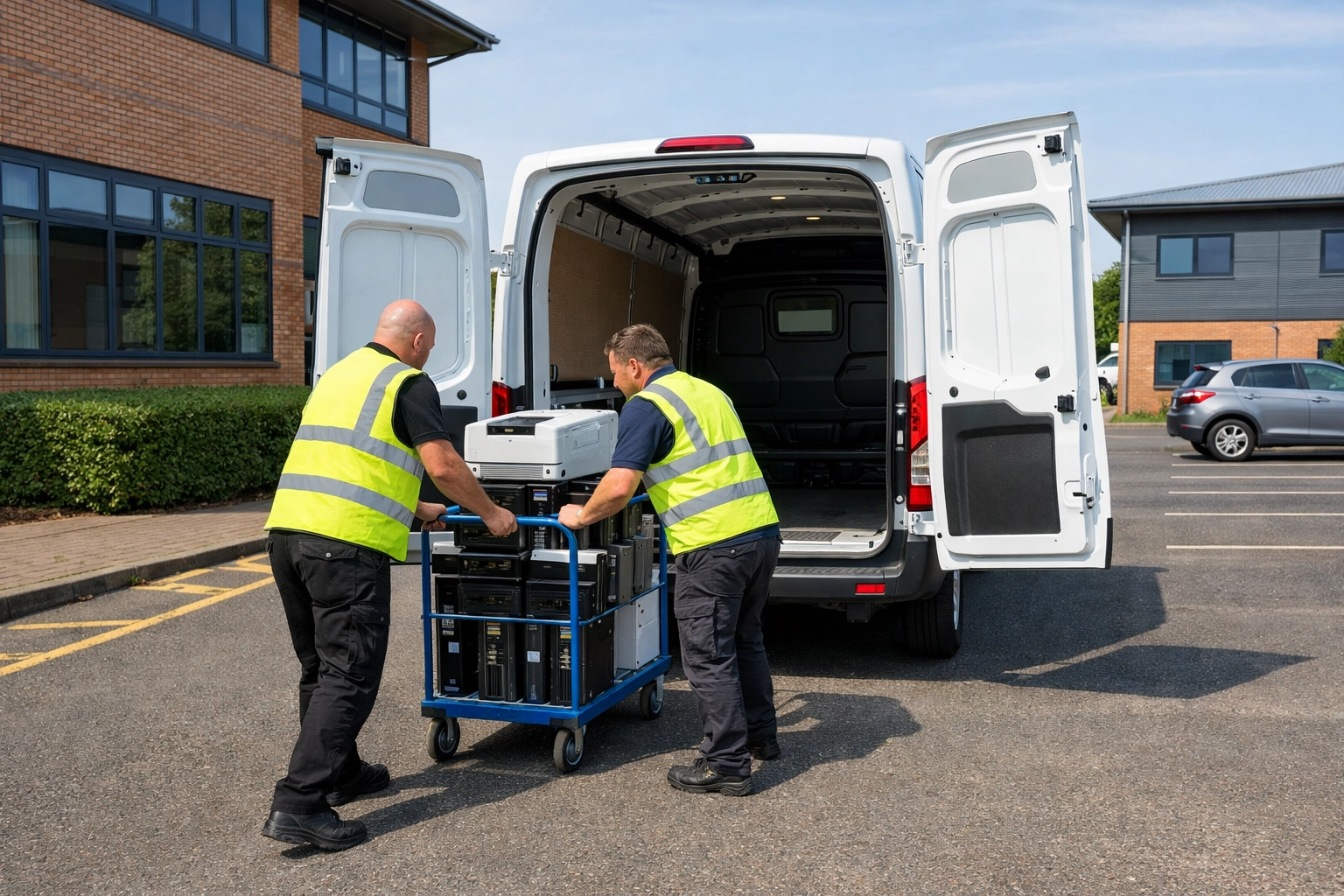 Waste management team loading office computers and printers into a van for free e-waste collection.
