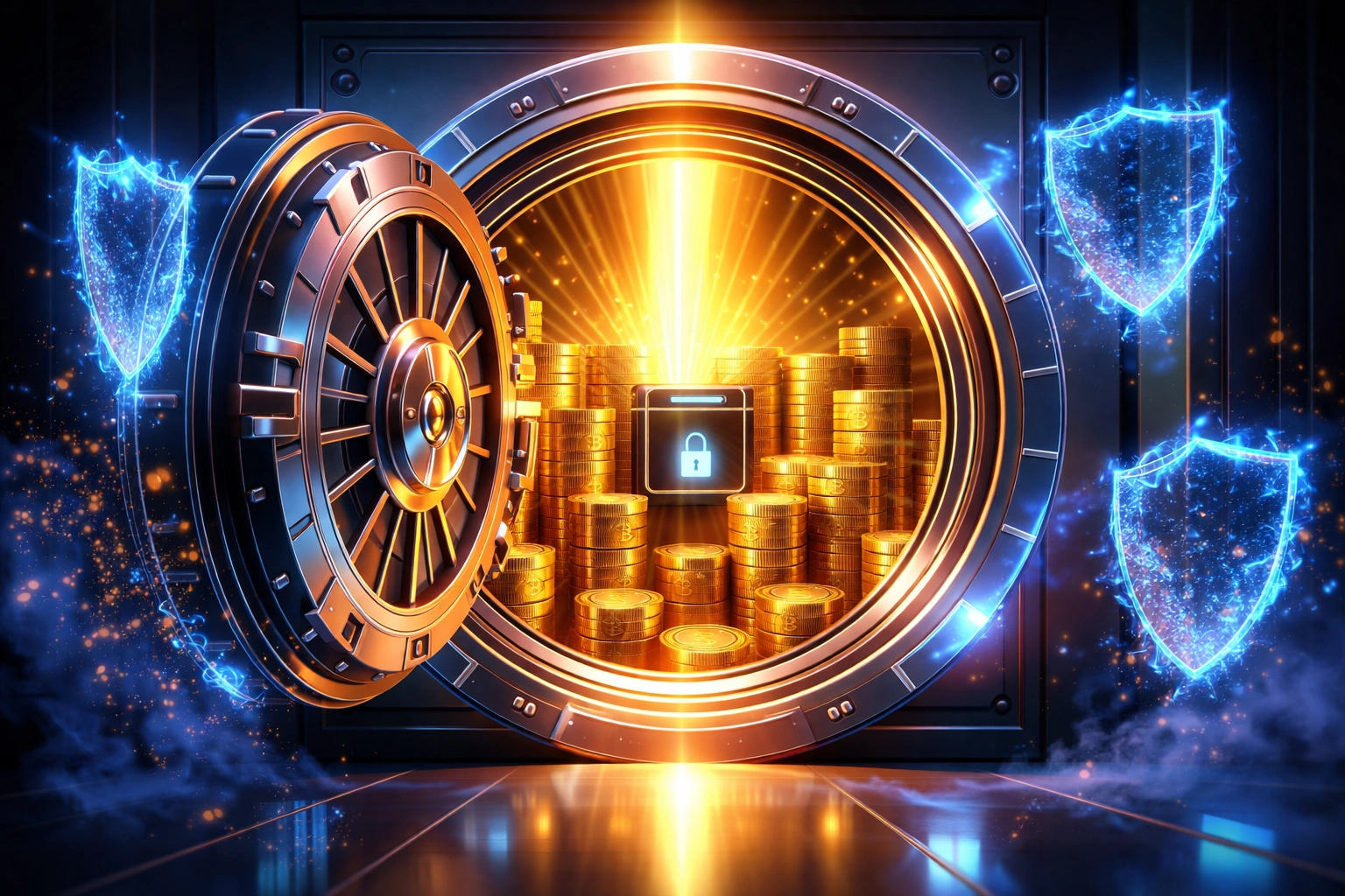 Open digital vault with cryptocurrency coins symbolizing Larecoin's self-custody and merchant payment freedom