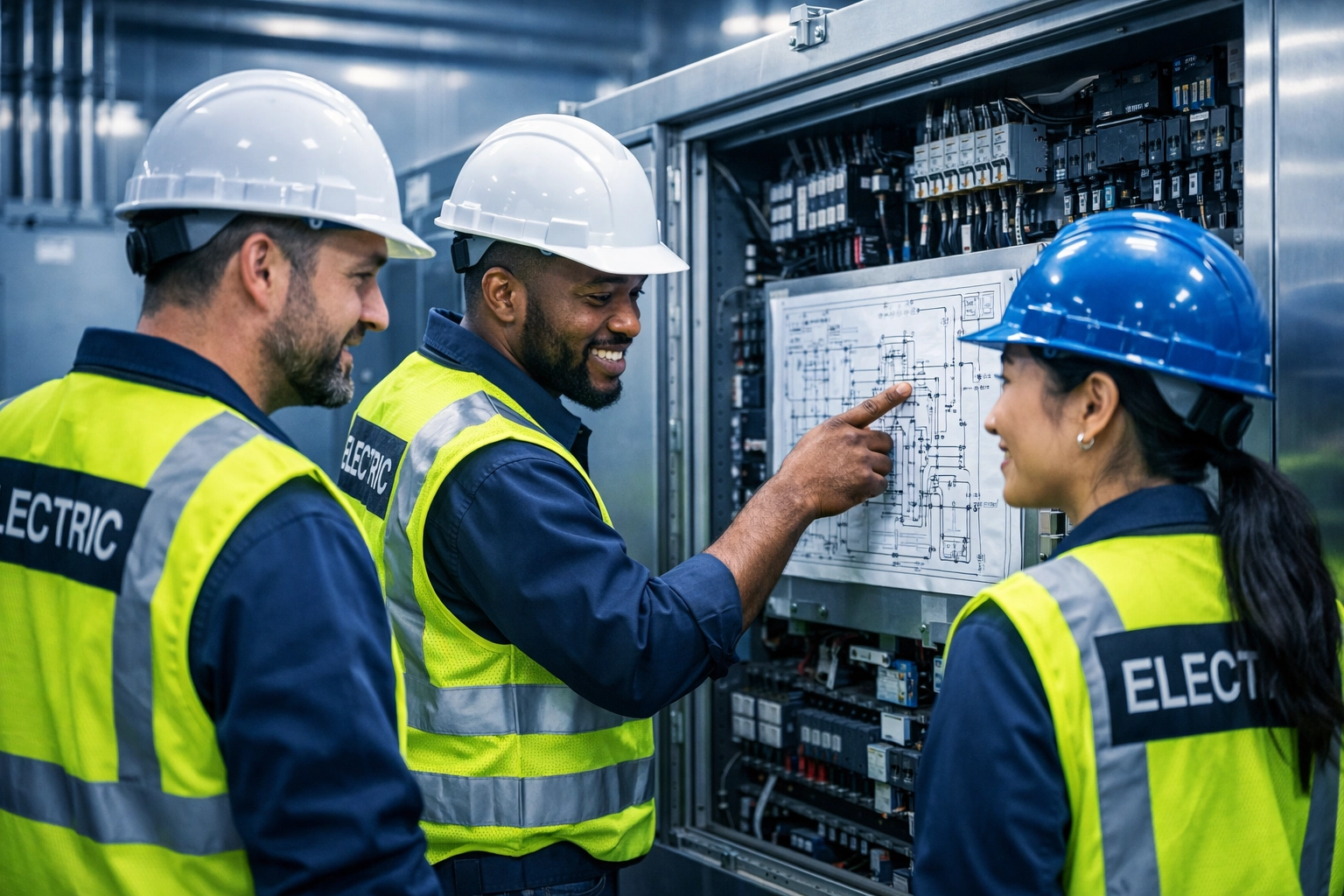 Team of licensed electrical contractors working in a safe industrial setting on the Texas Gulf Coast.