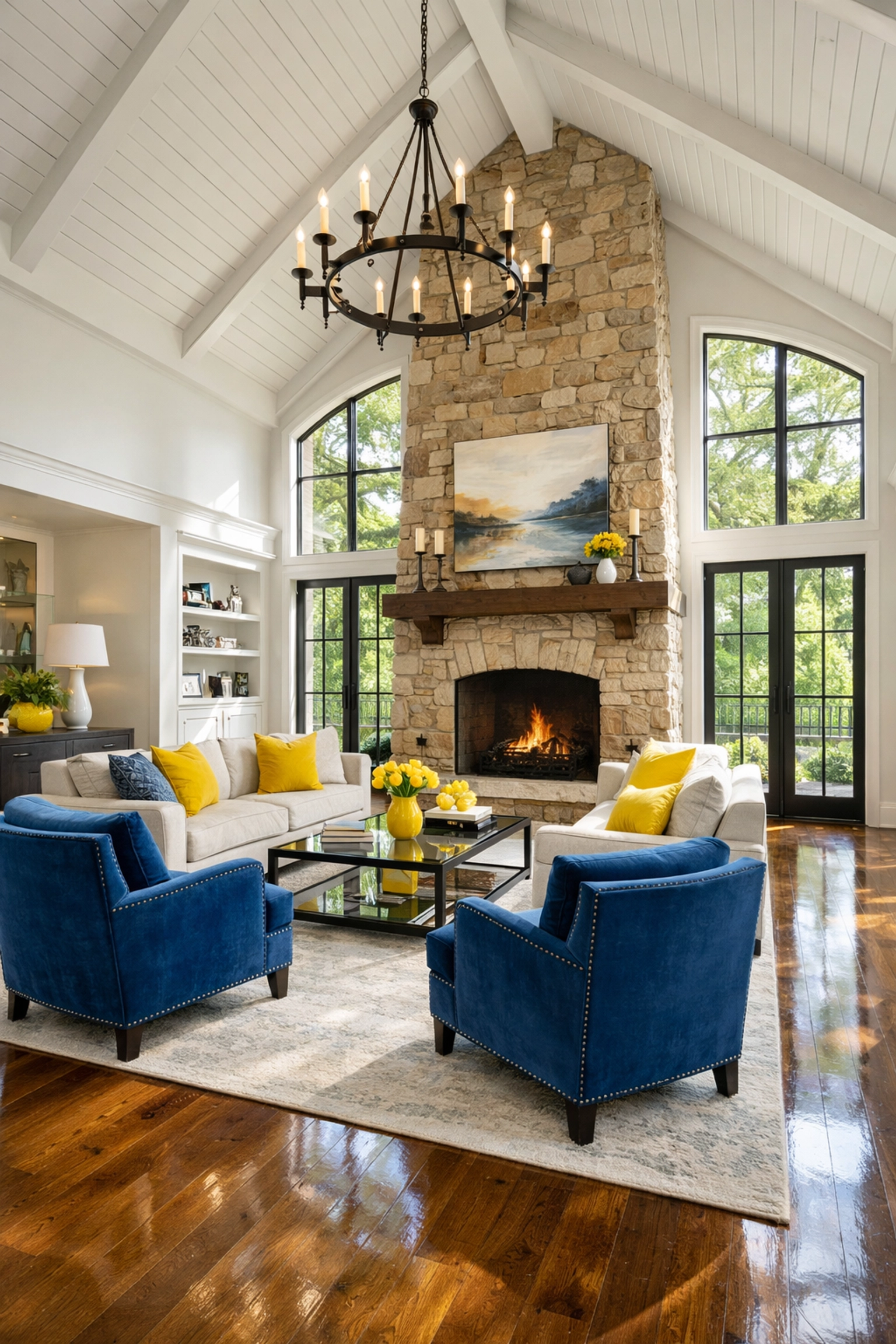 Final results of a professional post construction cleaning in Franklin showing a spotless, sunlight-filled living room.