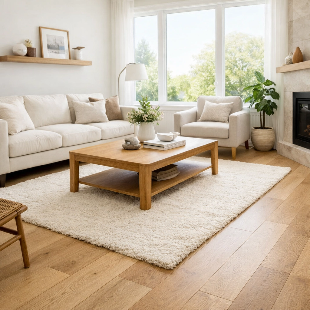 Bright Saskatoon rental living room with clean wood floors, showing a well-maintained property for tenants.