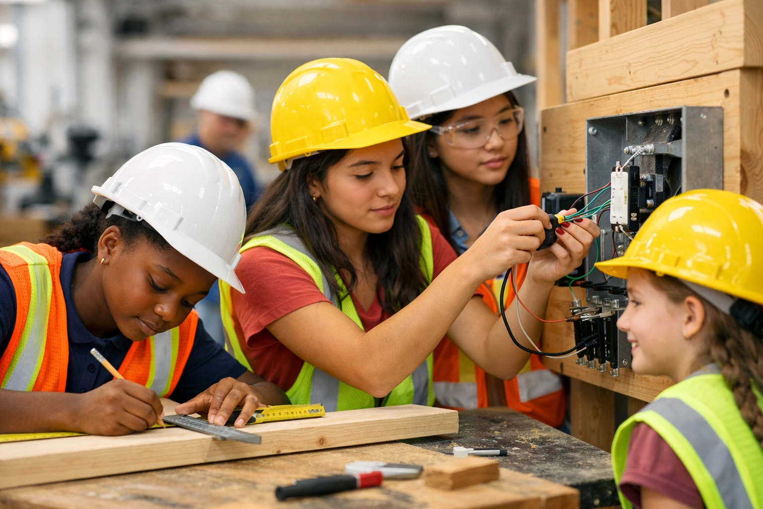 Diverse girls ages 10-17 in Construction X wearing hard hats and safety vests, collaborating on a carpentry and basic electrical project.