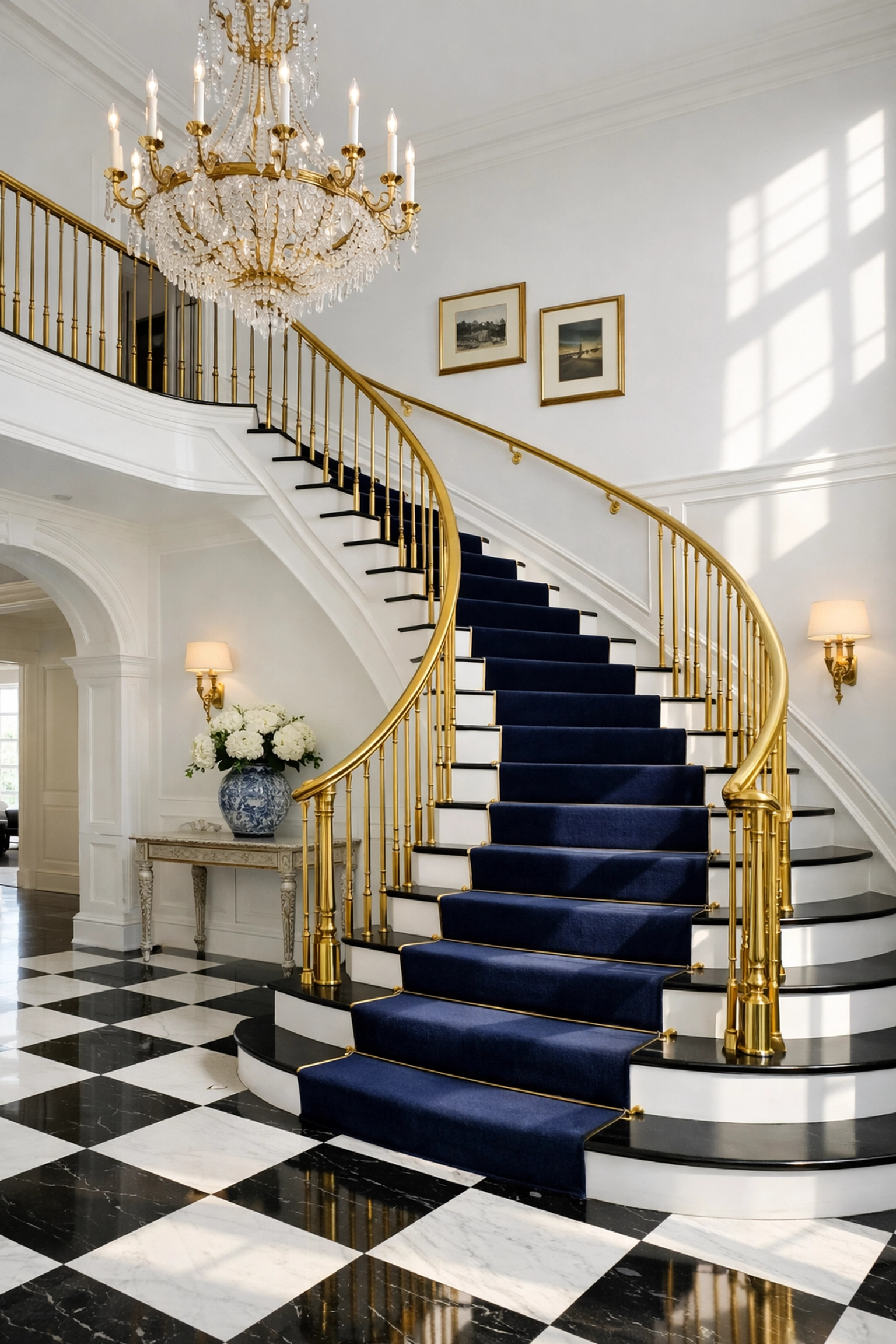 A pristine grand foyer and staircase in a Dover home, maintained by residential cleaning Massachusetts.