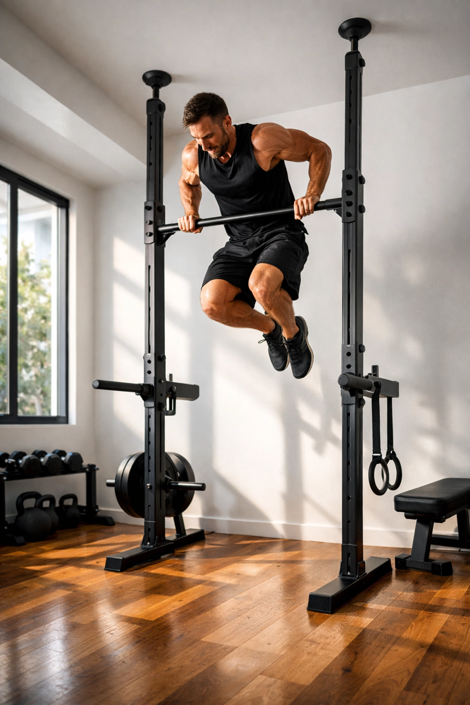Athlete performing muscle-up on floor-to-ceiling pull-up system in modern home gym setup