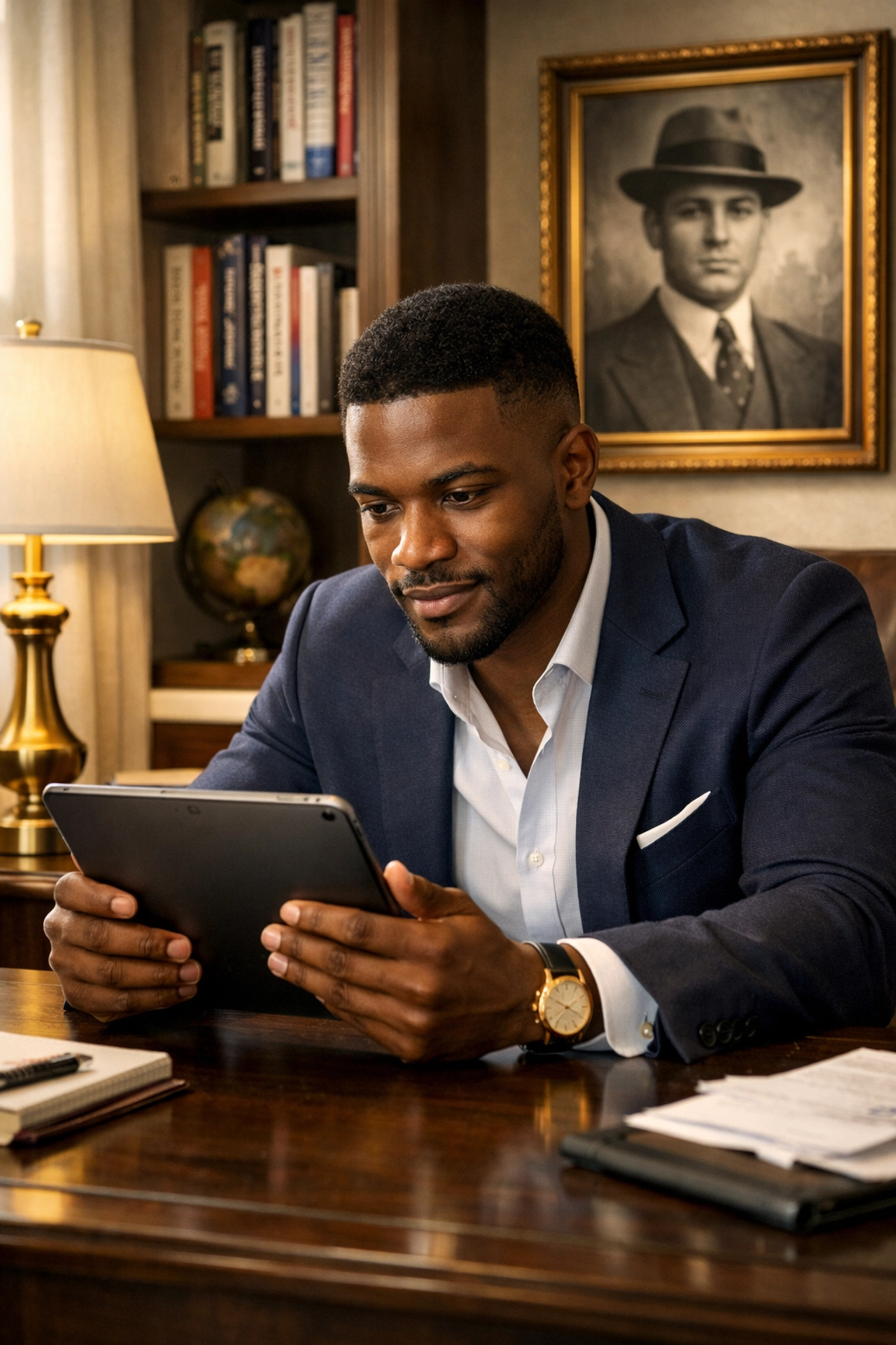 Black entrepreneur in a home office connecting historical legacy with modern moves to Buyblack online.