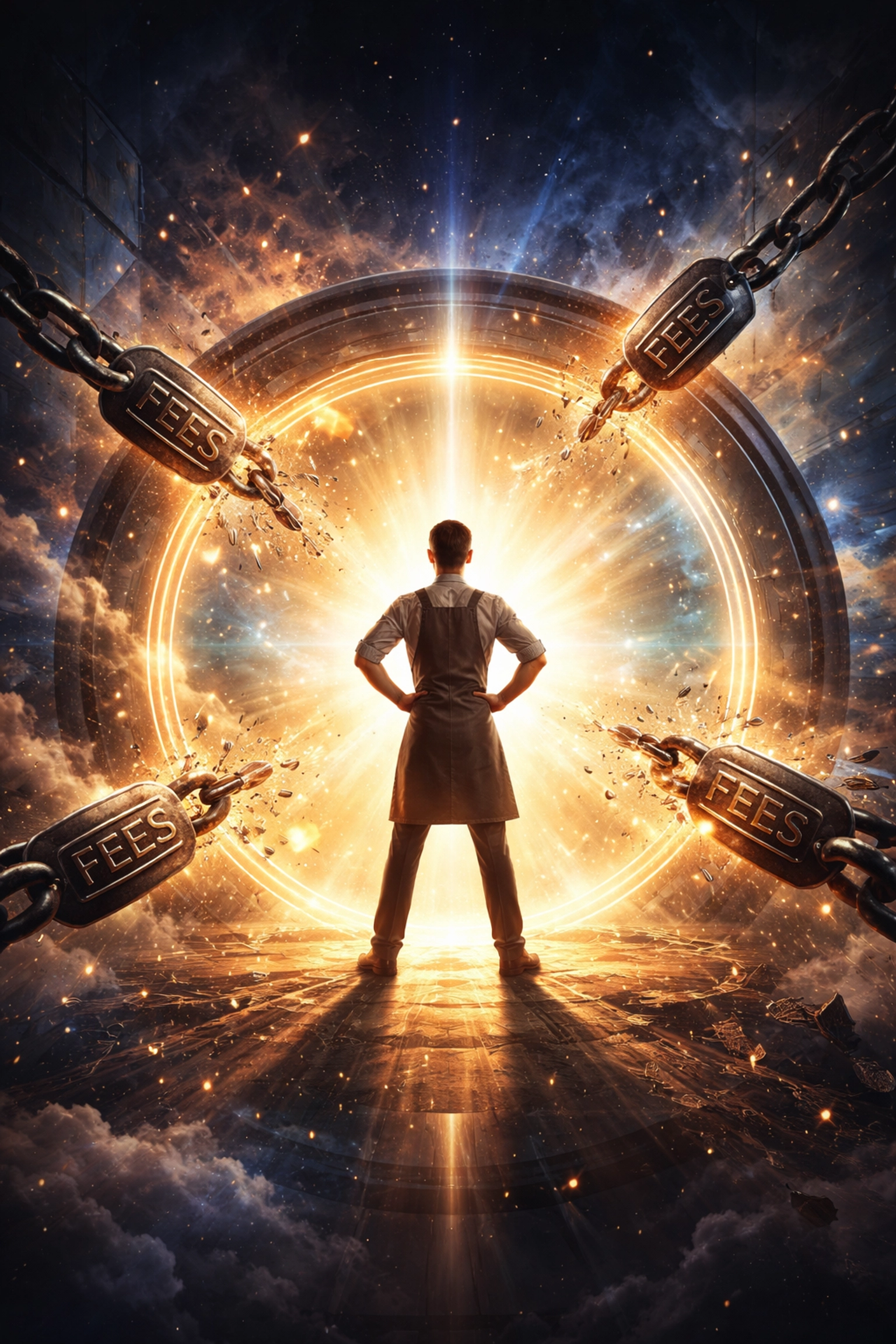 A small business owner breaks chains of payment fees, symbolizing the freedom and empowerment from using receivables tokens for crypto payments.