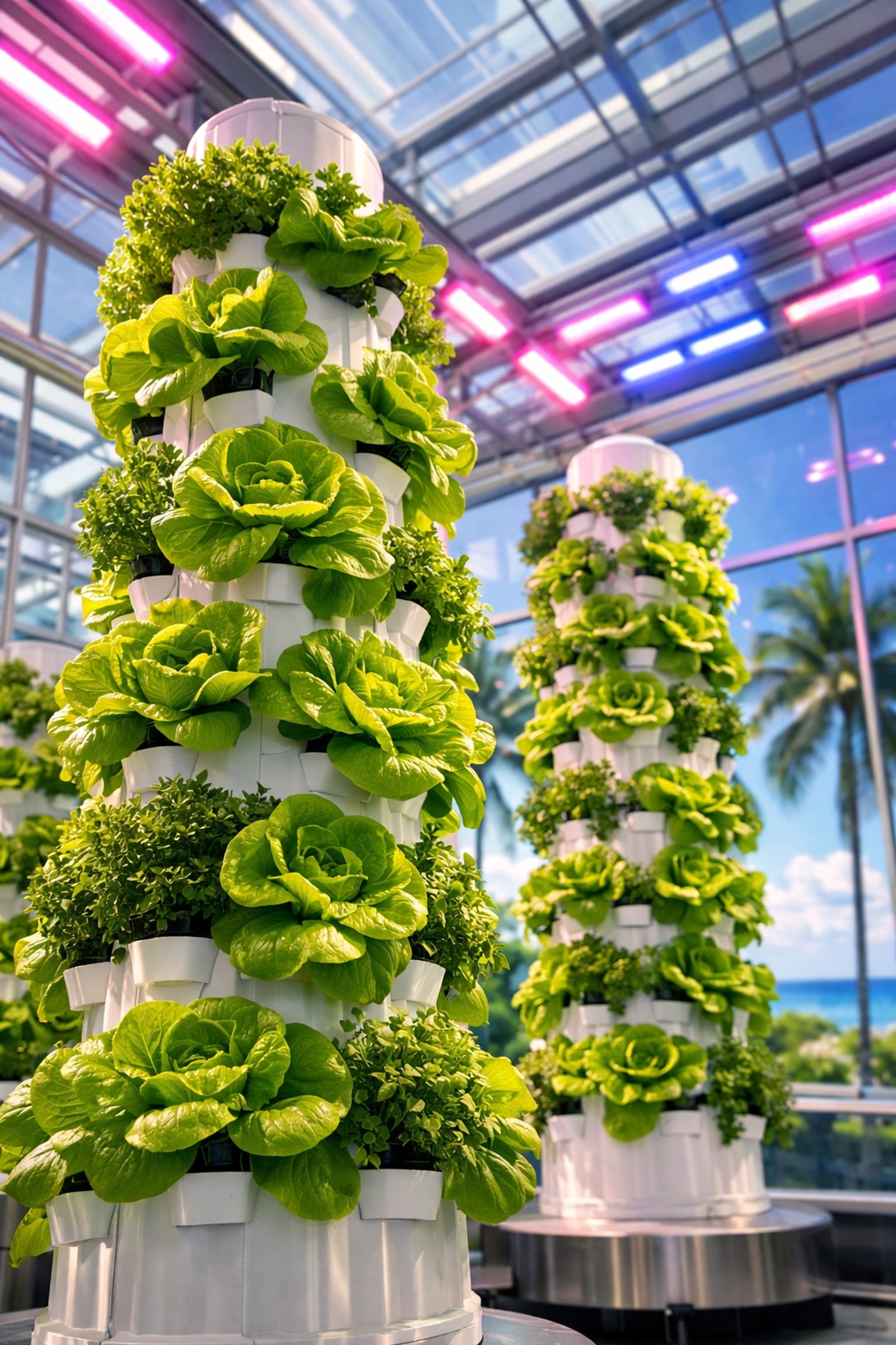 High-tech vertical hydroponic gardens in South Florida, highlighting sustainable food science for students.