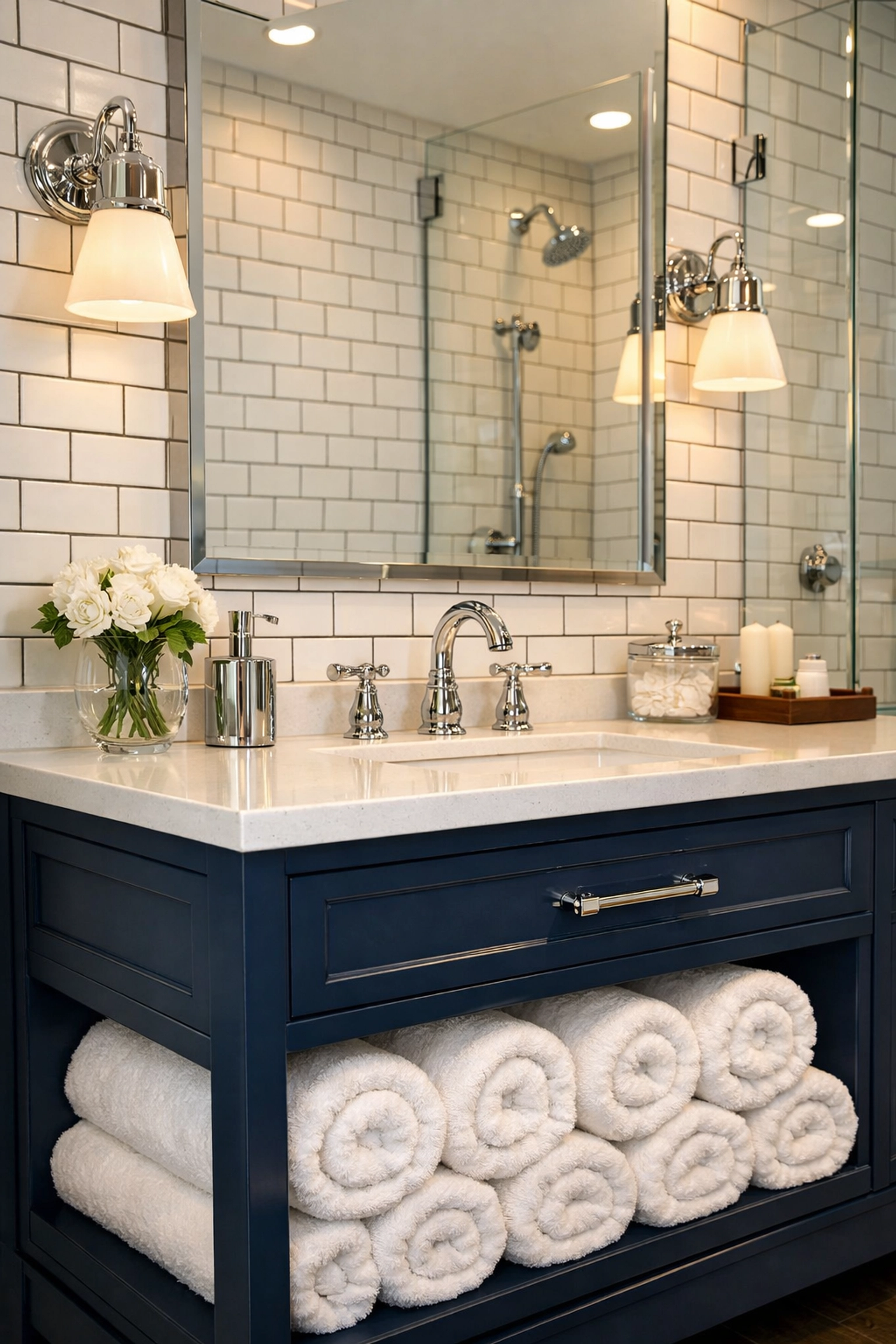 Sparkling clean bathroom with white subway tiles from top apartment cleaning services in Leominster MA.
