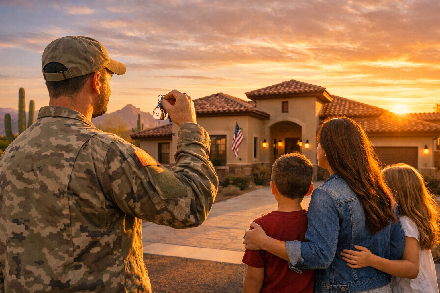Arizona military veteran and family standing in front of their new home in a suburban Phoenix neighborhood.