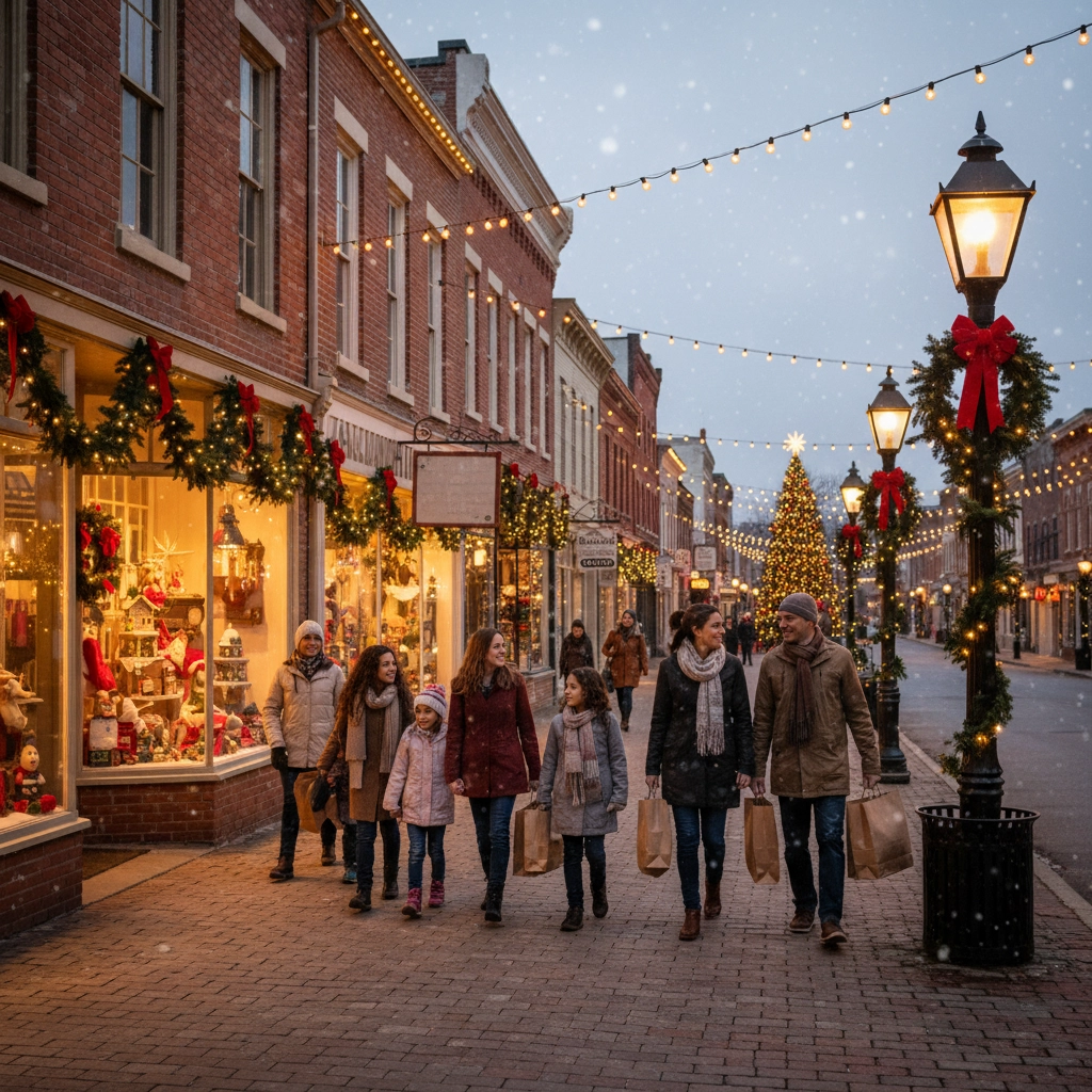 Collingswood downtown street decorated with holiday lights and a Christmas tree Collingswood downtown street decorated with holiday lights and a Christmas tree
