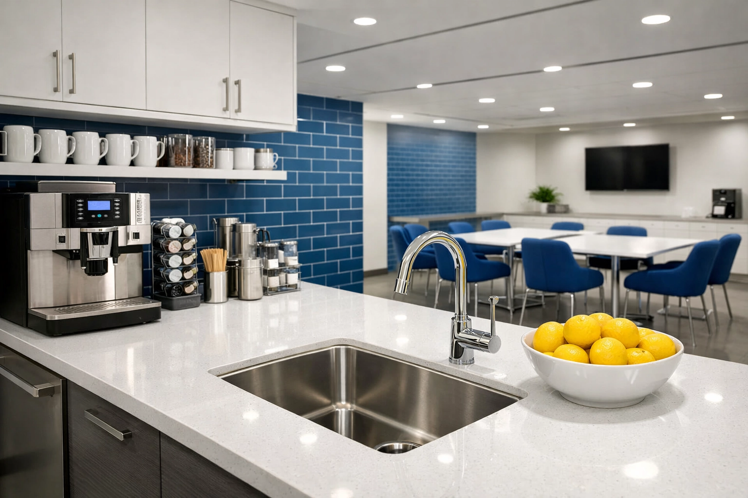 Spotless corporate breakroom in Acton with clean countertops and organized coffee station.