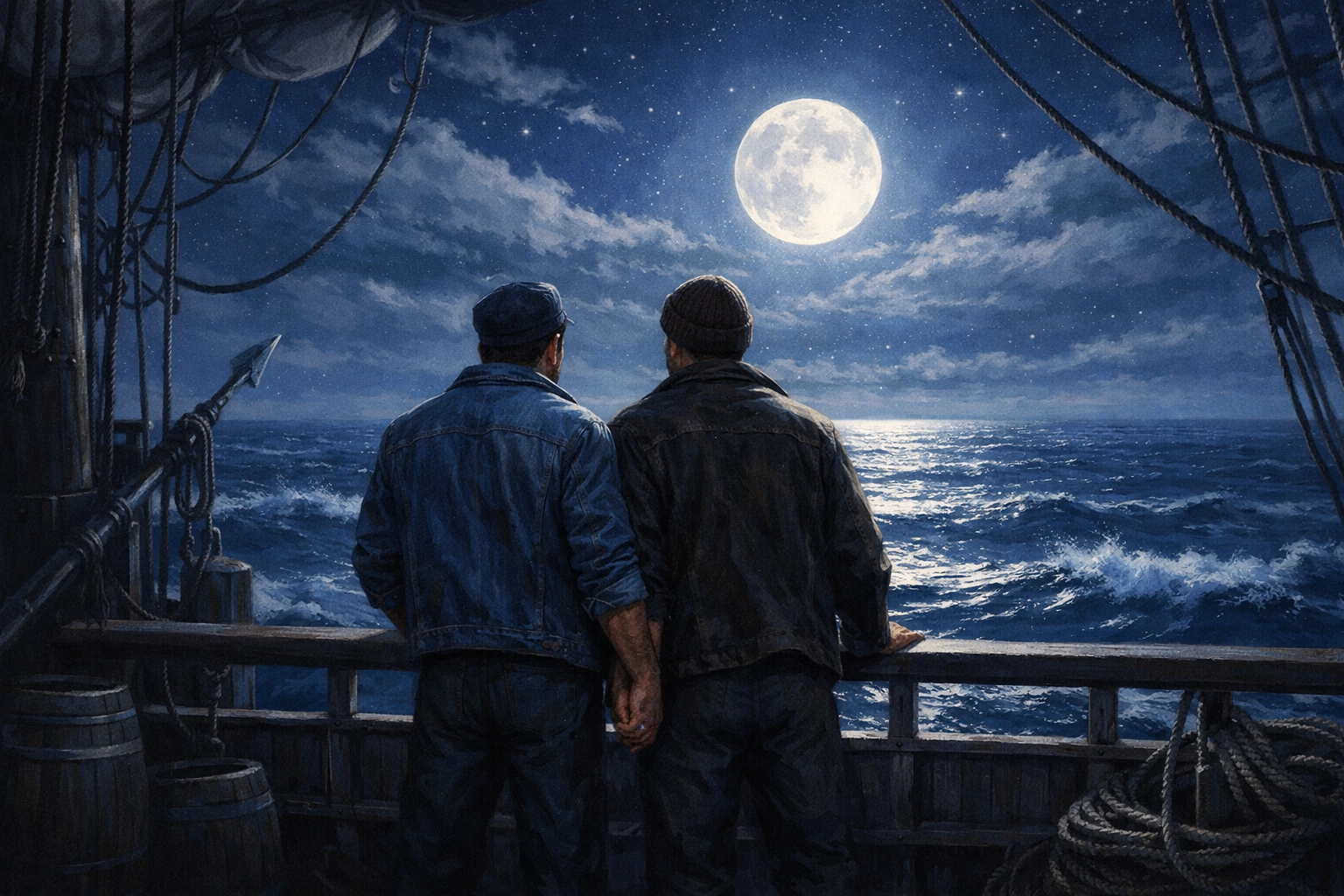 Gay sailors sharing a romantic moment on a whaling ship deck under the moonlight.