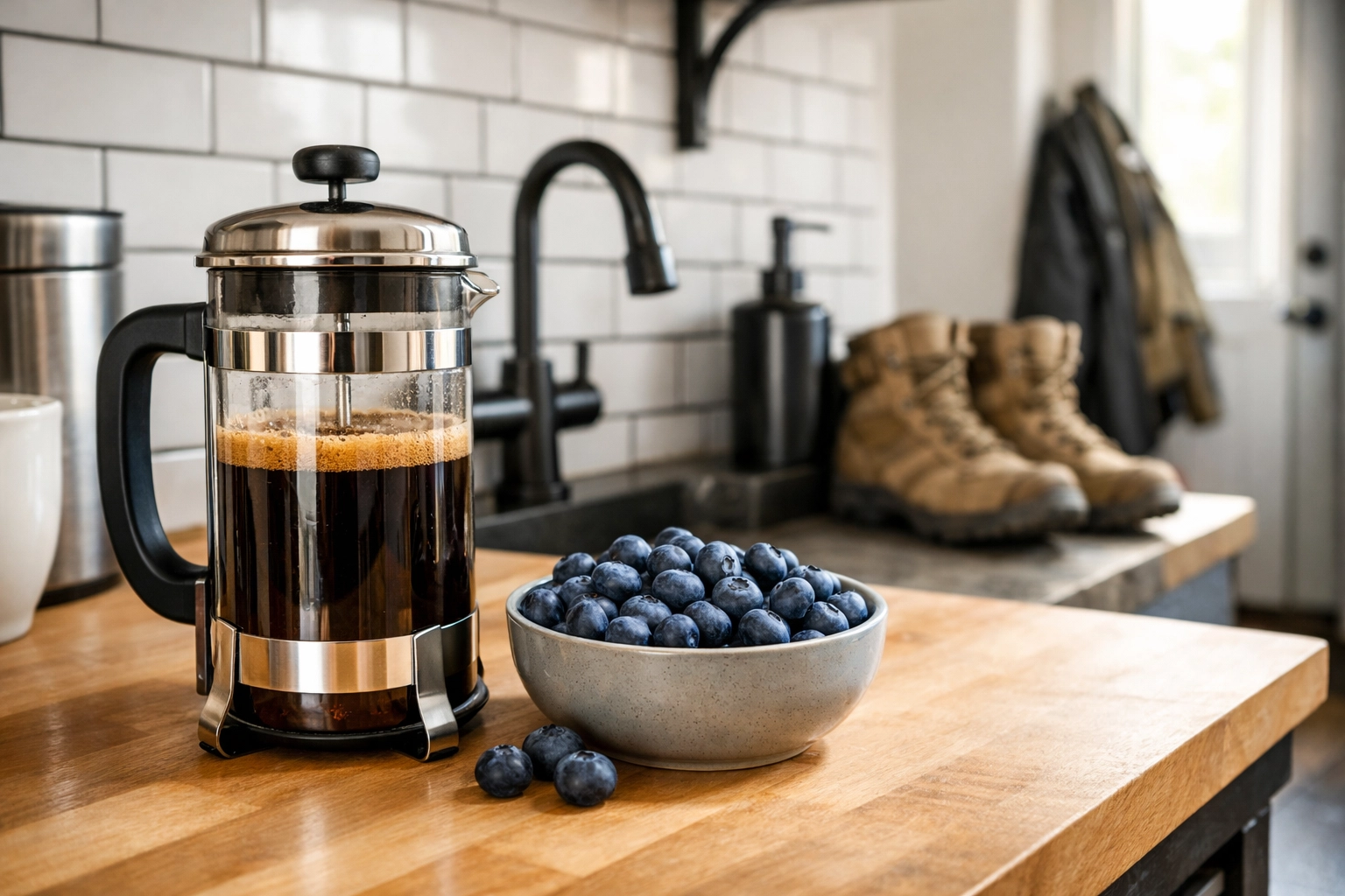 A clean coffee routine with a French press and fresh fruit, featuring lab-tested, mold-free coffee roasts.