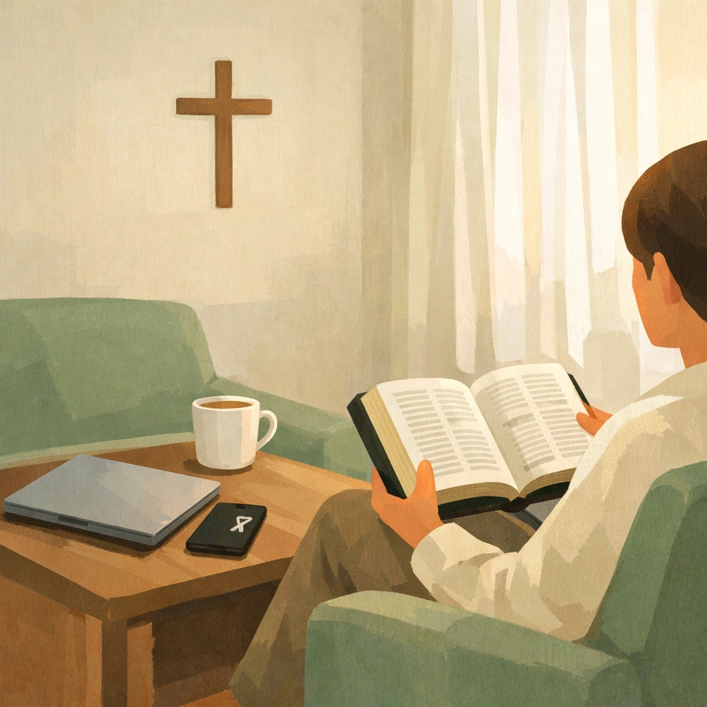 Person reading Bible in armchair with silenced phone and laptop, choosing Scripture over distractions
