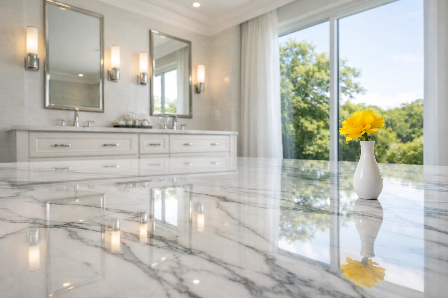 Spotless marble countertop after professional residential cleaning Massachusetts for a luxury estate.